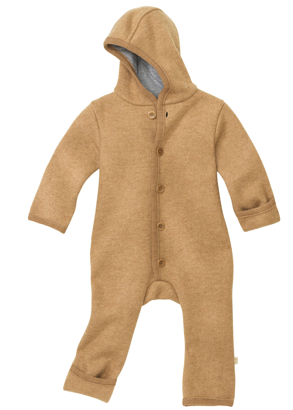 disana Walk-Overall Karamell, Wollwalk & Futter: Bio-Merinowolle mit Knopfleiste, Kapuze & Umschlagbündchen an Armen & Beinen