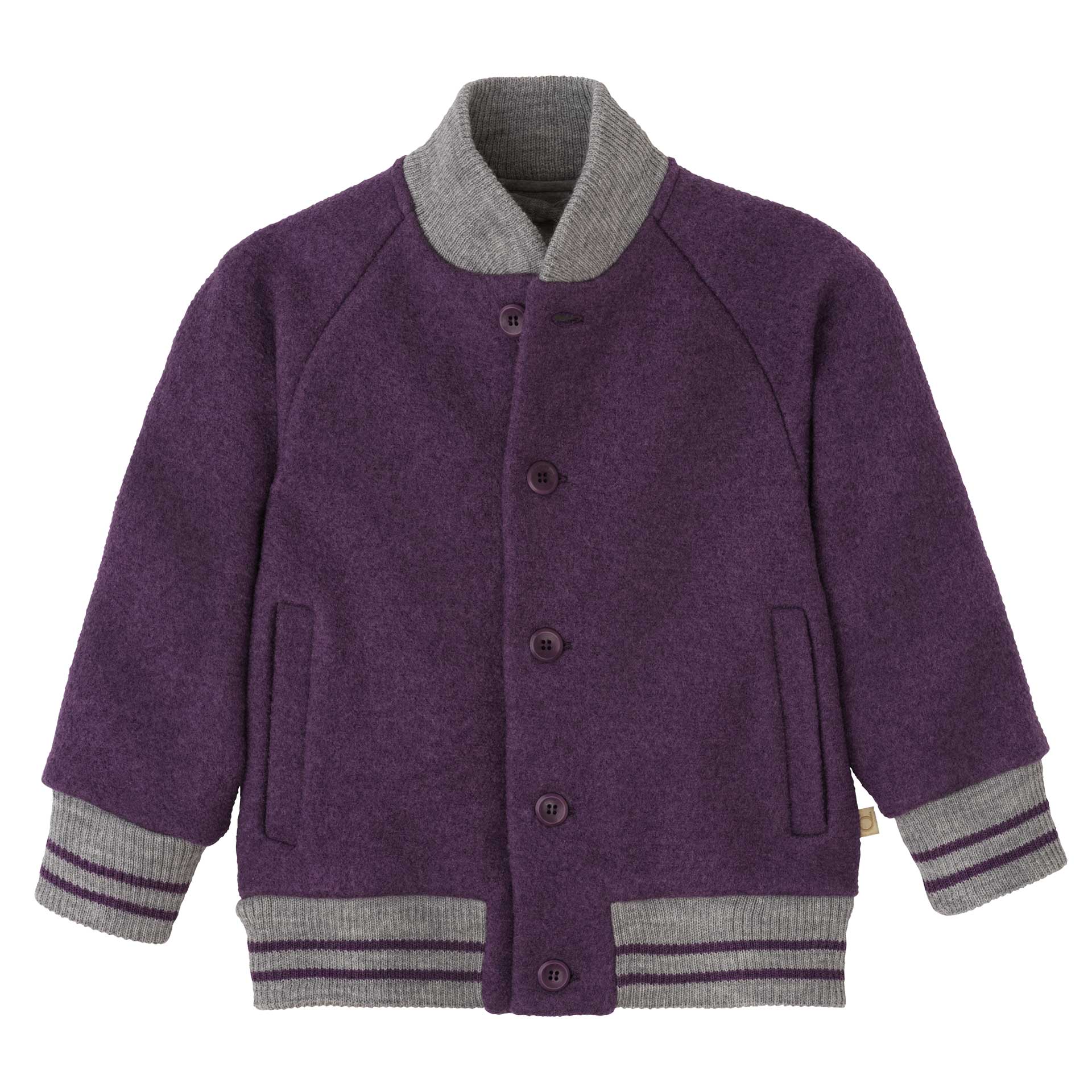 disana College-Jacke Aubergine mit Raglanärmeln, Knopfleiste & grauen Strickbündchen. Am Leib gefüttert, 100% Bio-Merinowolle