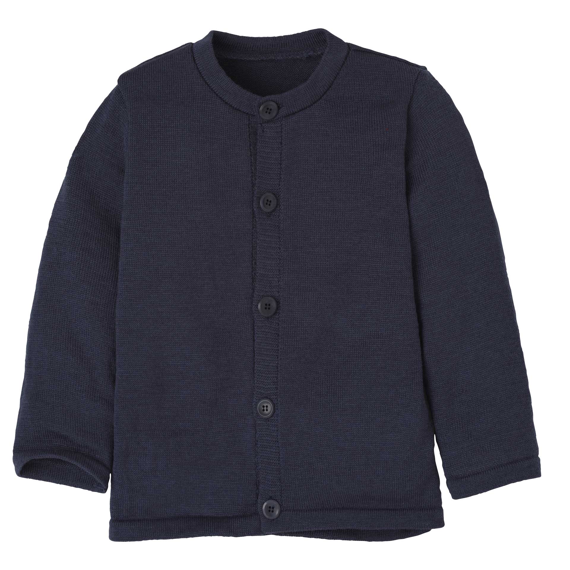 disana leichte Strick-Jacke in Indigo aus Bio-Merinowolle. Angestrickte Knopfleiste mit Steinnussknöpfen, moderner Klassiker