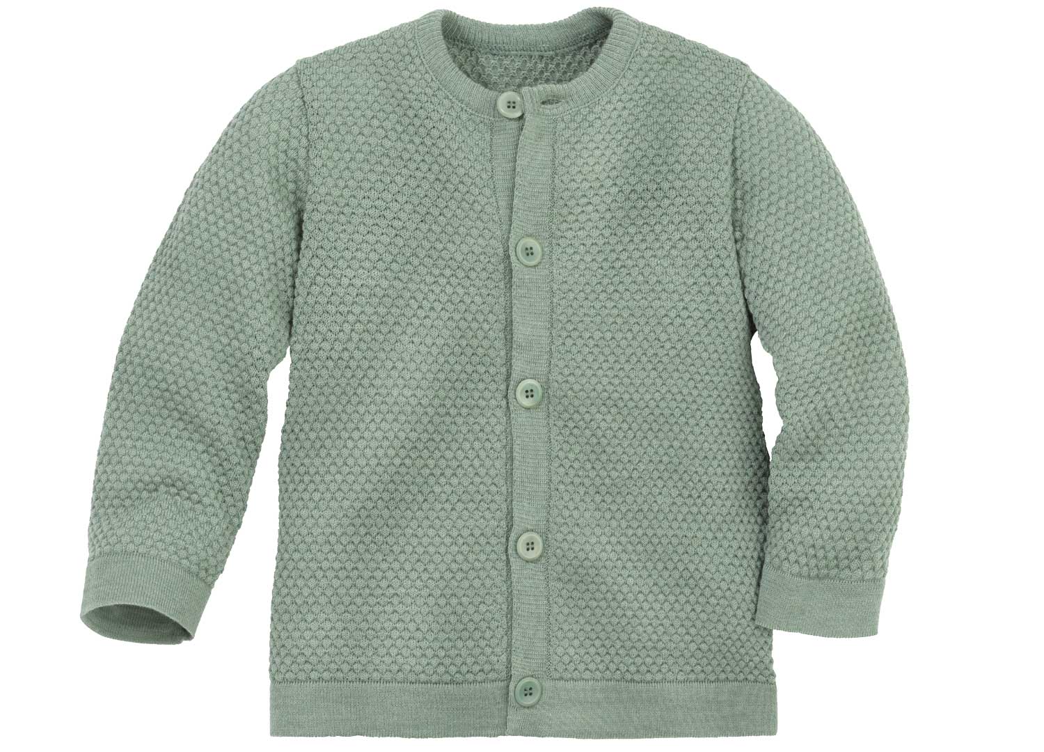 disana Wabenstrick-Jacke 62/68 – 134/140, Jade. Strick: Bio-Merinowolle, Arm- und Leibbündchen, Knopfleiste mittig