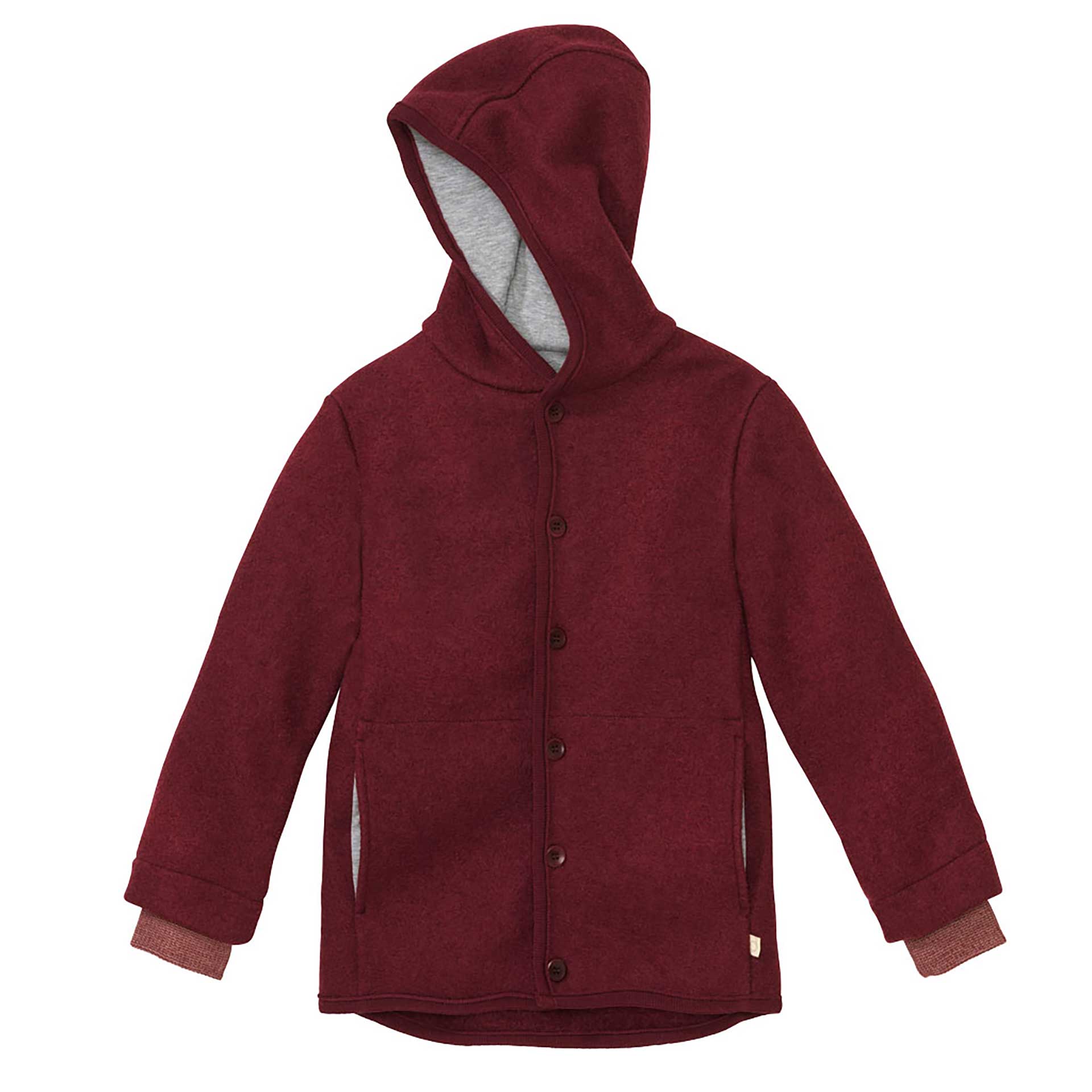 disana Walk-Jacke Cassis Wollwalk, Bio-Merinowolle Kapuze mit Baumwolle gefüttert Knopfleiste mit großen Knöpfen Armbündchen