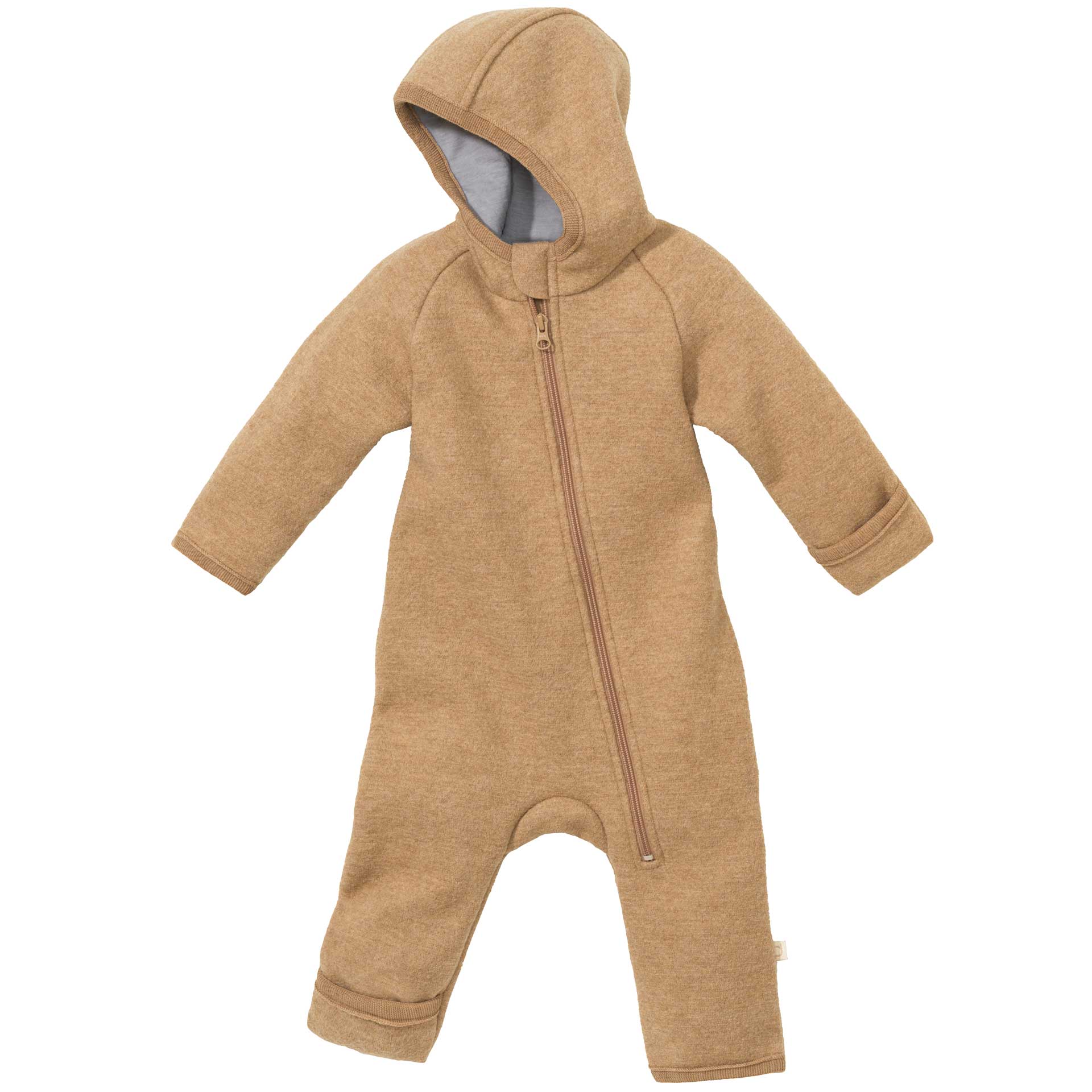 disana Zipp-Overall Karamell, Wollwalk & Futter Bio-Merinowolle mit Reißverschluß, Kapuze & Klappbündchen an Armen & Beinen