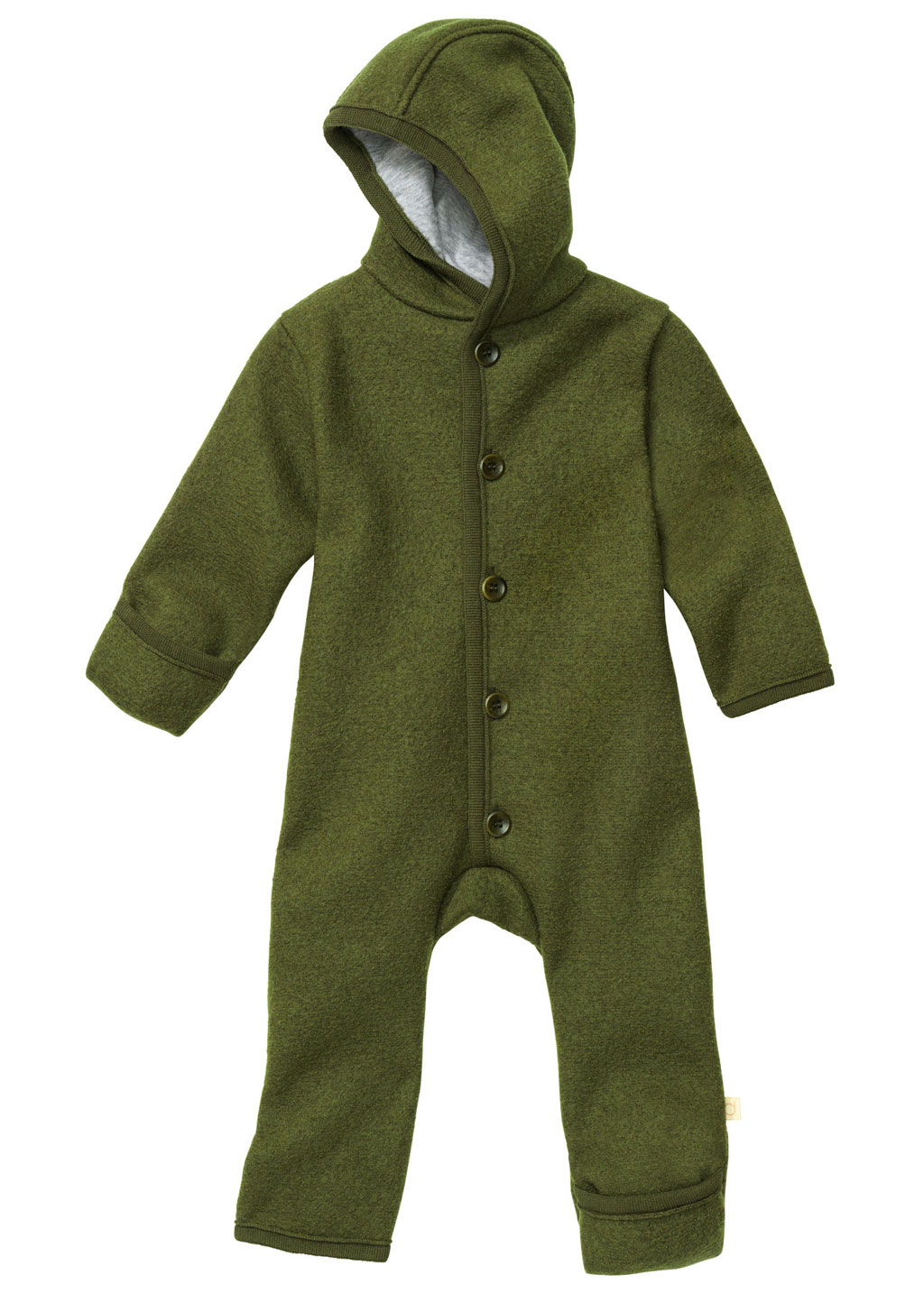 disana Walk-Overall Oliv, Wollwalk & Futter aus Bio-Merinowolle, mit Knopfleiste, Kapuze & Umschlagbündchen an Armen & Beinen