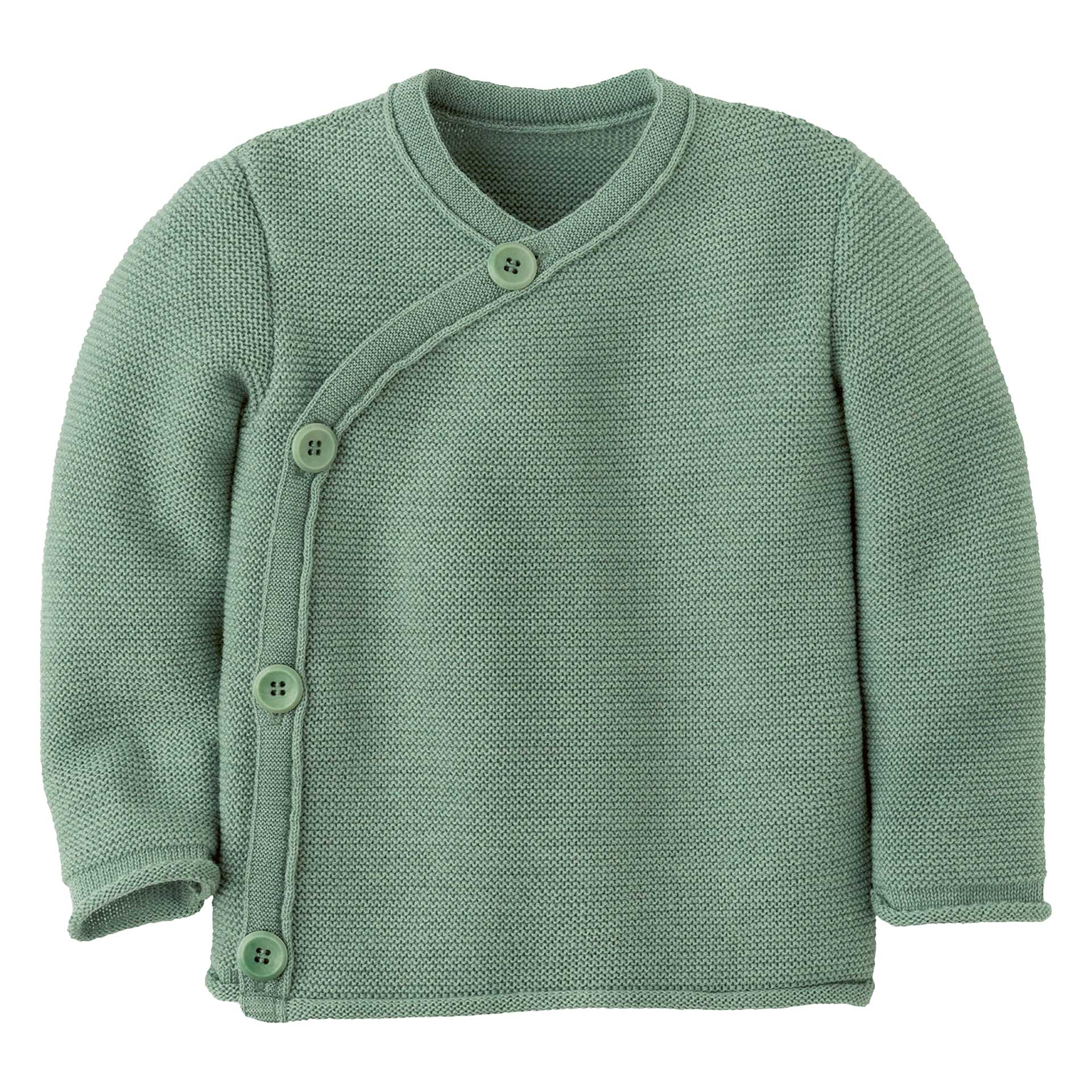 disana Baby-Jacke, Jade, Bio-Merinowolle, mit praktischer schräg verlaufender Knopfleiste, Rollbündchen an Ärmeln und Leib