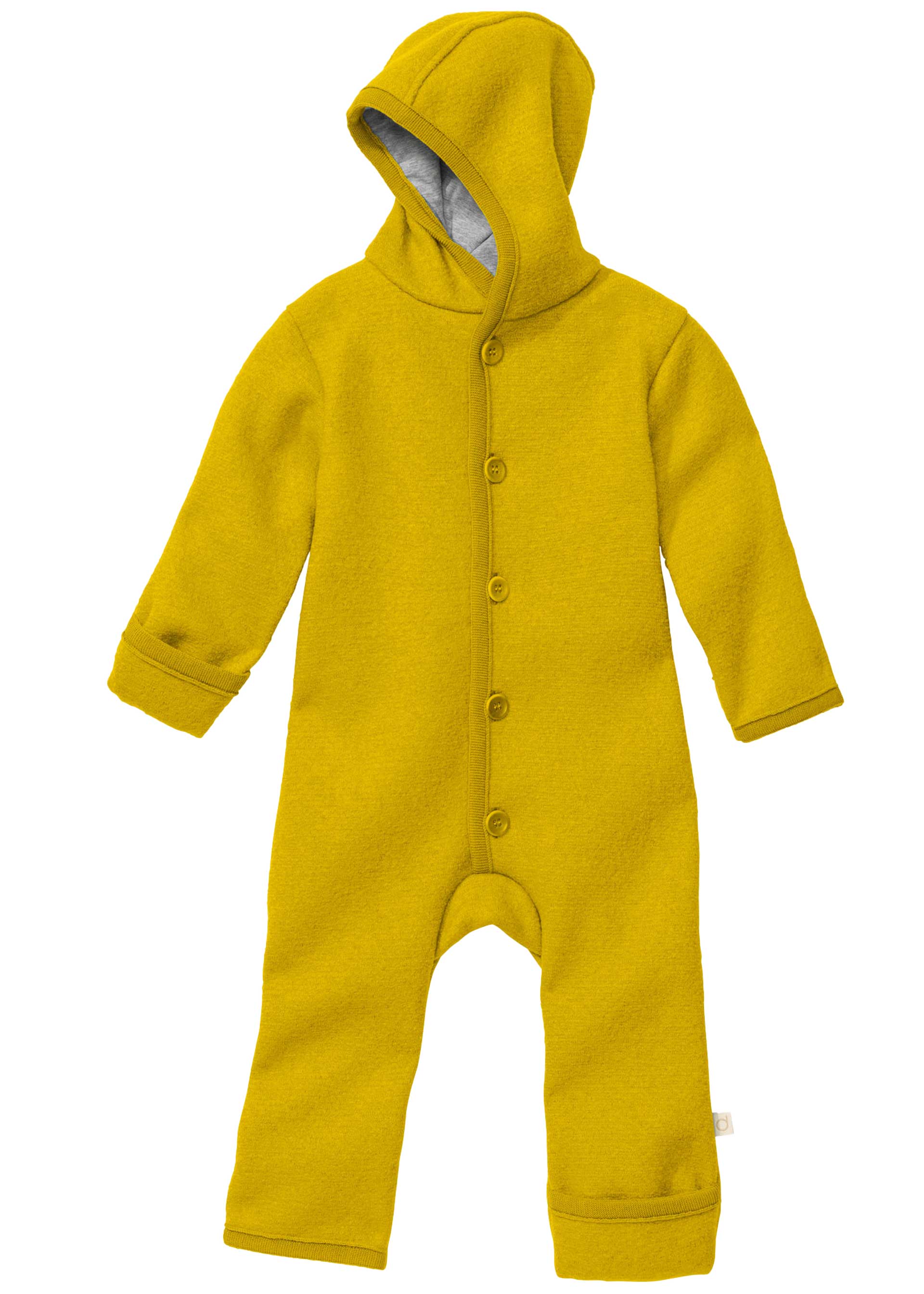 disana Walk-Overall Curry, Bio-Merinowolle mit Knopfleiste, Kapuze & Umschlagbündchen an Armen & Beinen, warm, weich & bequem