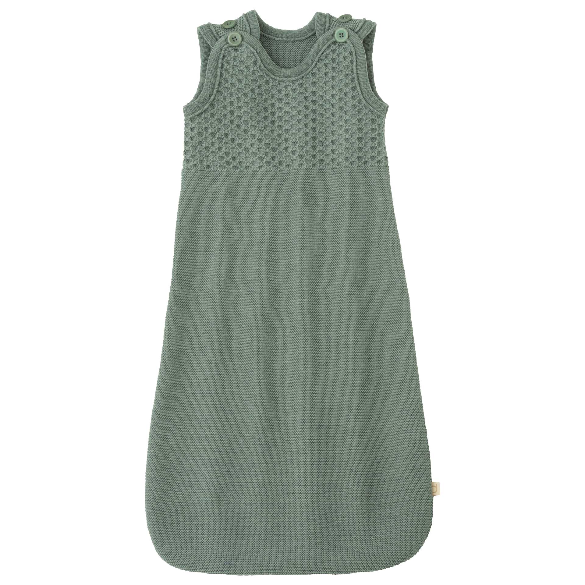 disana Träger-Schlafsack in Jade aus Bio-Merinowolle mit breiten Trägern, oben Wabenstrick-Muster, unten Links/Links-Strick