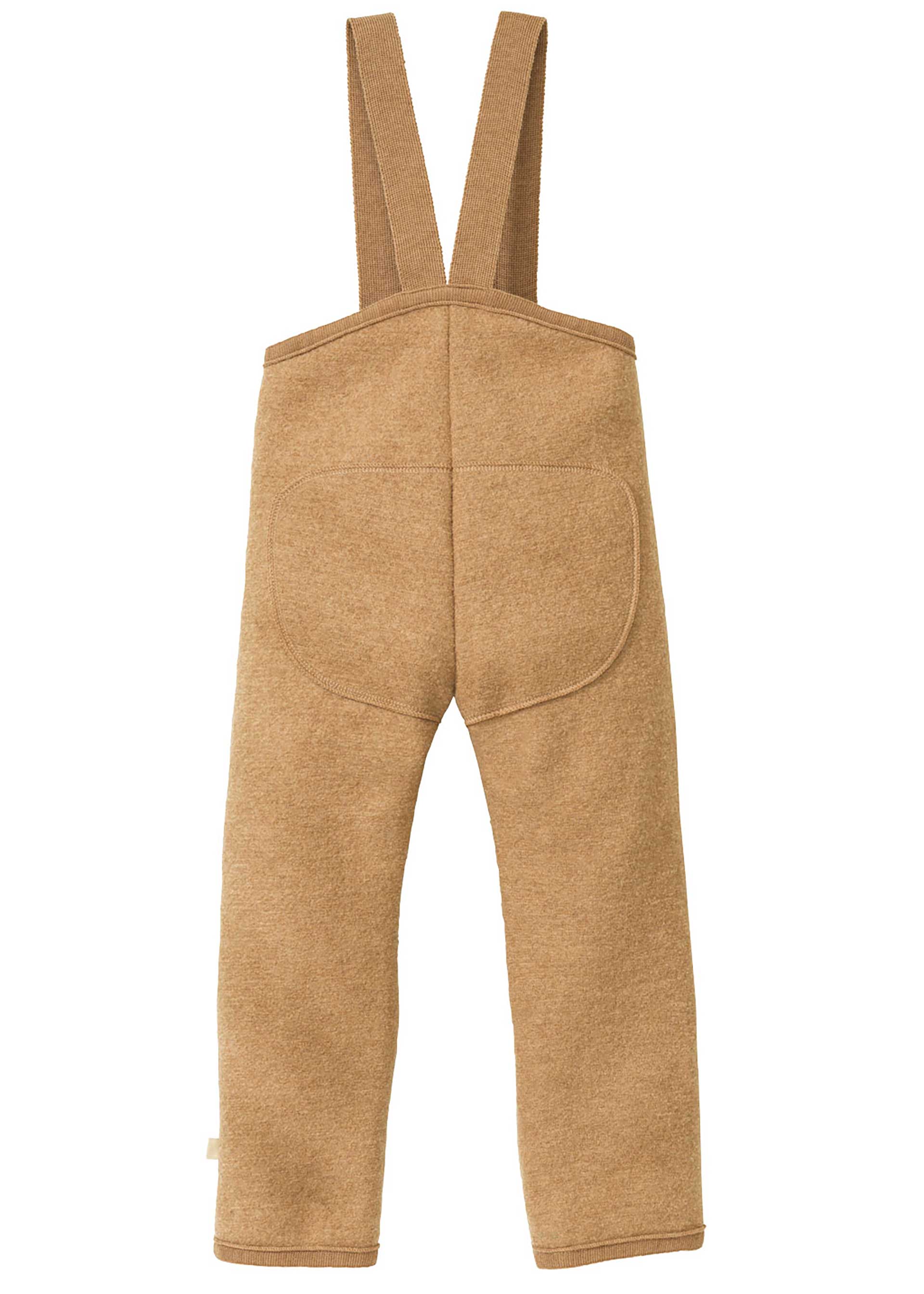 Rückseite der disana Walk-Hose in Karamell mit Trägern und verstärkter Po-Partie aus Bio-Merinowolle
