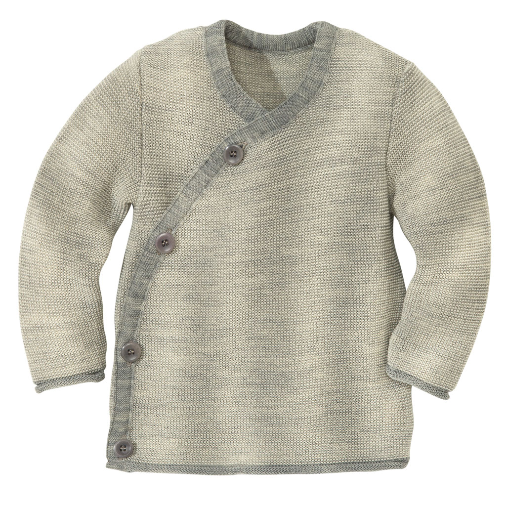 disana Melange-Jacke, Grau-Natur, Bio-Merinowolle, mit schräg verlaufender Knopfleiste, Rollbündchen an Ärmeln und Leib