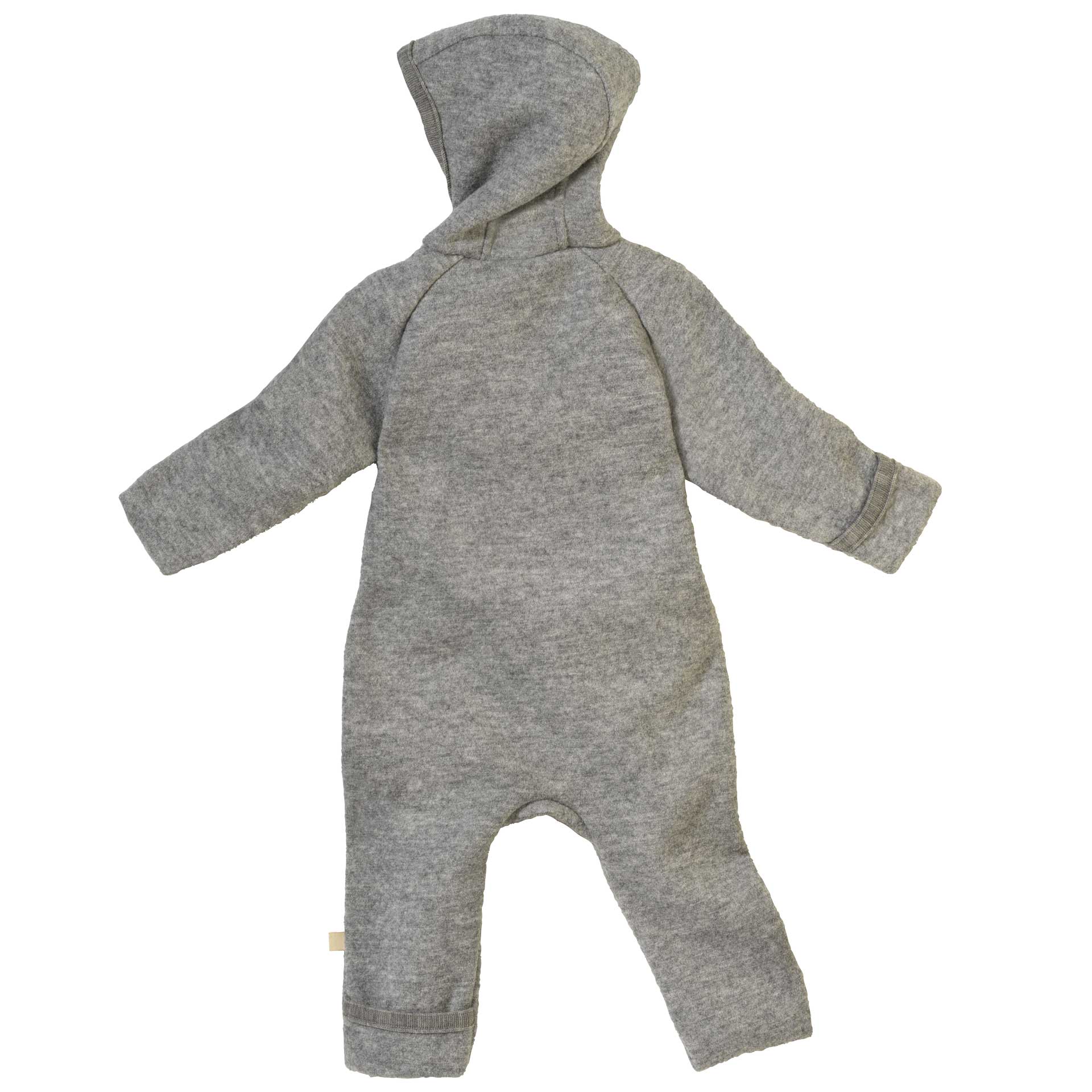disana Zipp-Overall, 50/56-74/80, Grau. Wollwalk: Bio-Merinowolle, Kapuze, Klappbündchen an Armen und Beinen - Rückseite