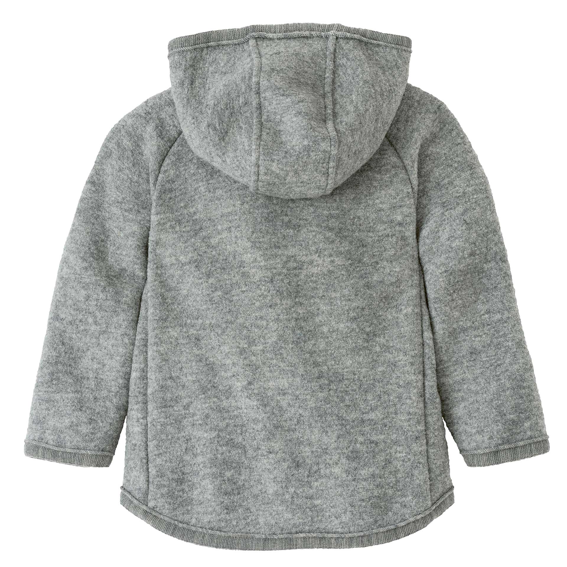 Rückseite der disana Walk-Jacke Zipp in Grau aus Bio-Merinowolle mit Kapuze