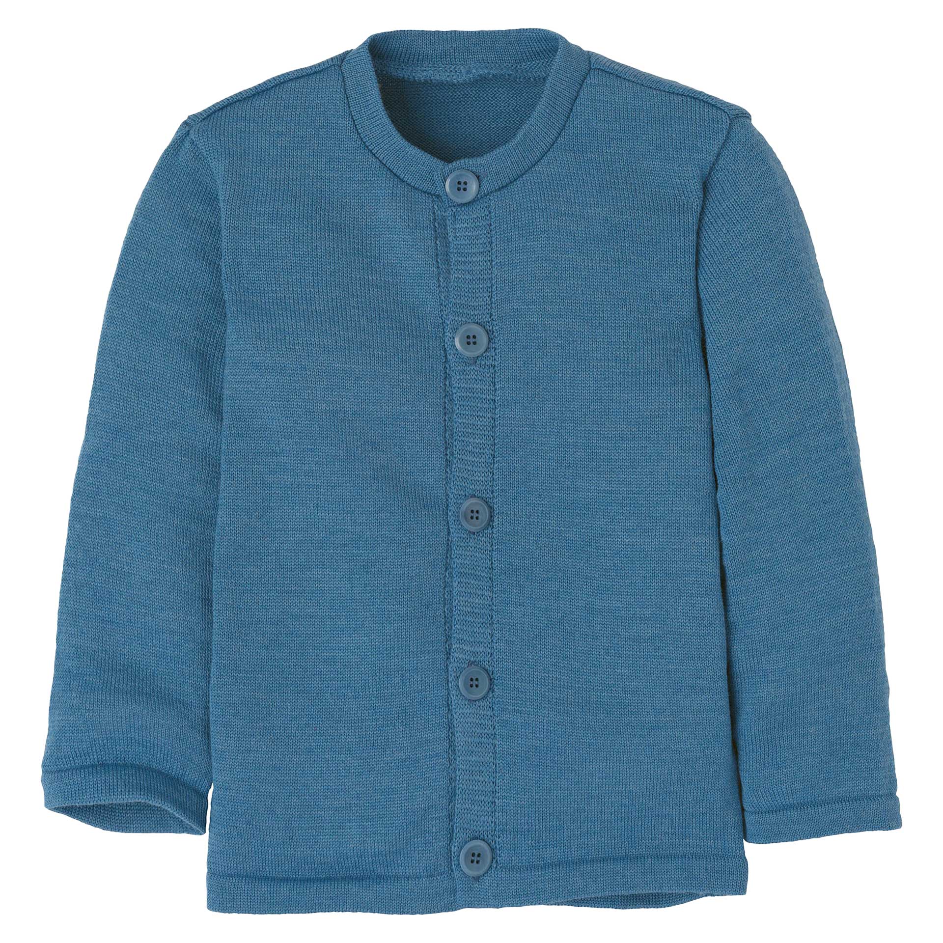 disana leichte Strick-Jacke in Taubenblau aus Bio-Merinowolle. Angestrickte Knopfleiste mit Steinnussknöpfen, moderner Klassiker