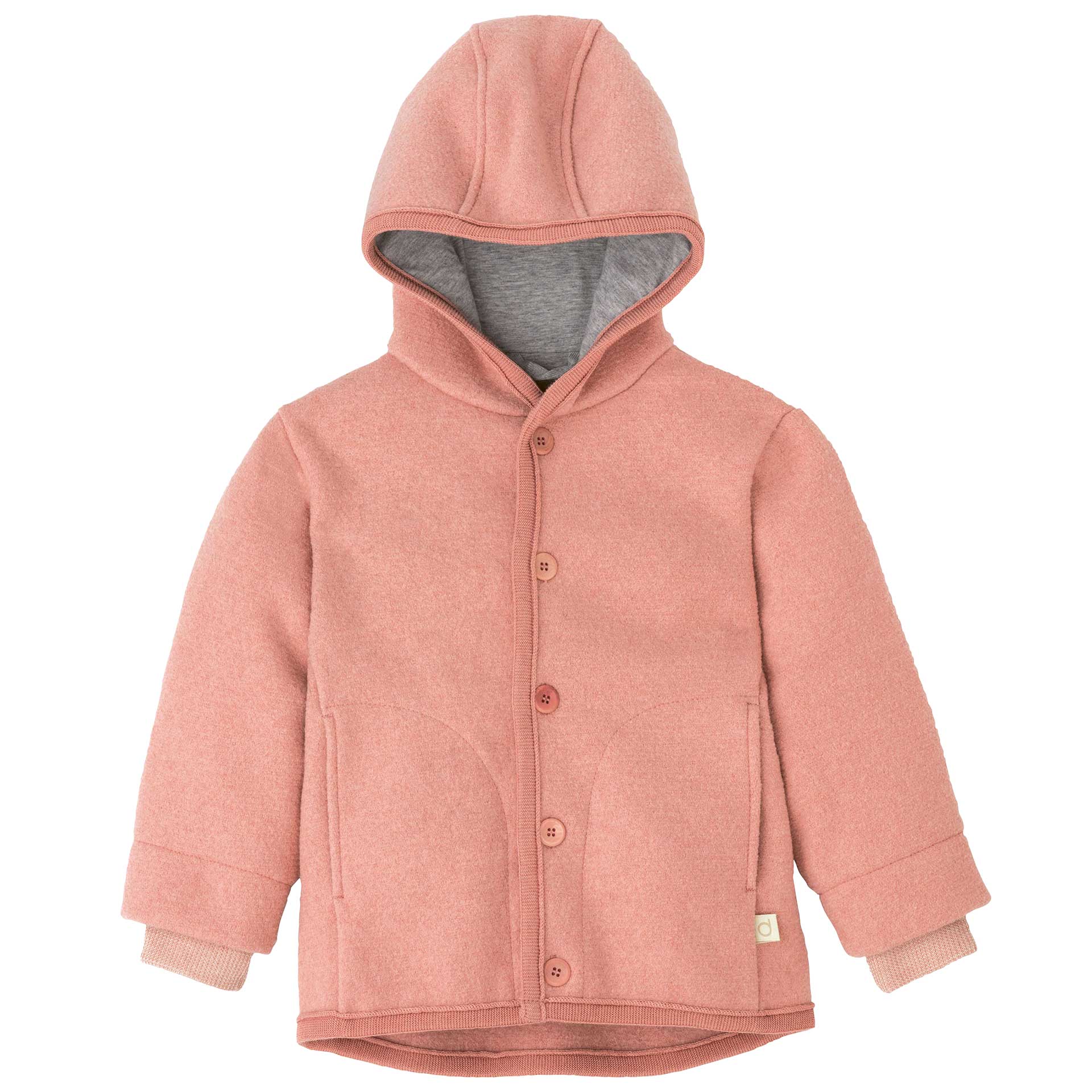 disana Walk-Jacke, Softpink, Wollwalk & Futter: Bio-Merinowolle mit Kapuze, 2 Taschen, Steinnussknöpfen & Strick-Armbündchen