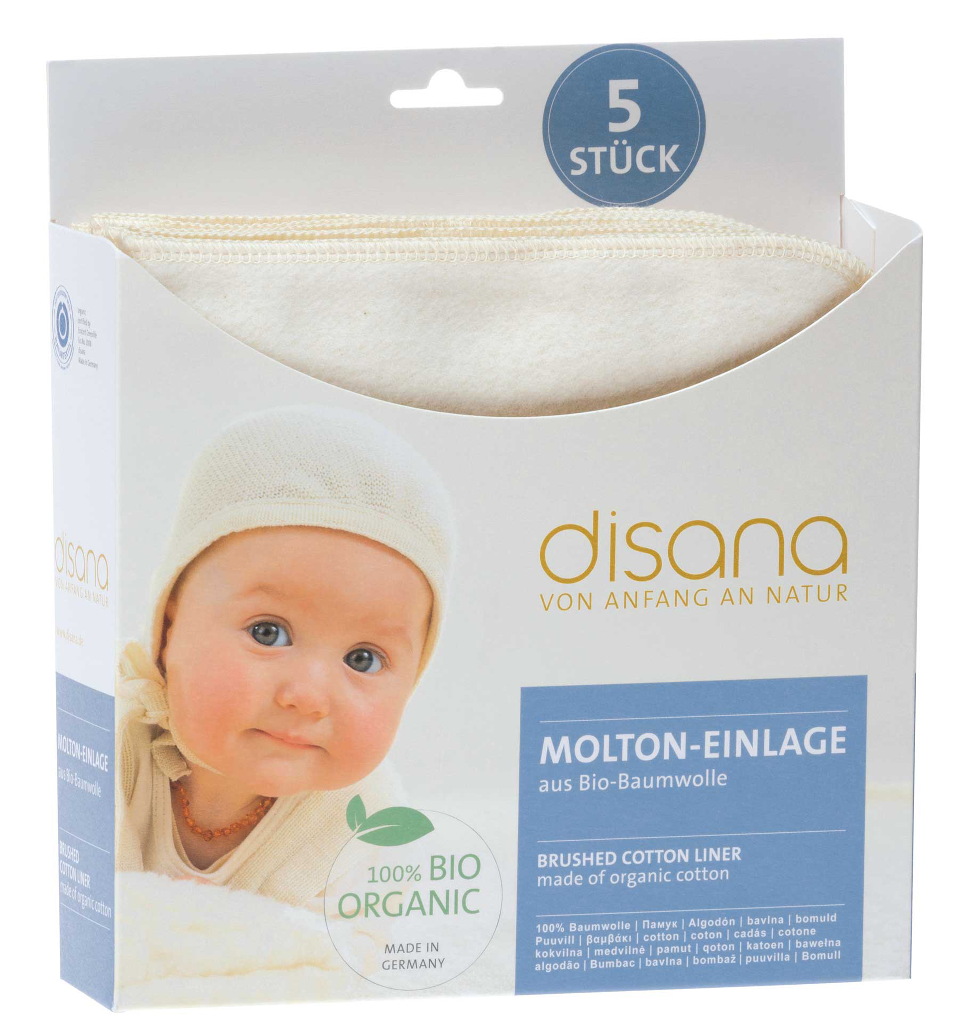 Verpackte disana Molton-Einlagen 5er Pack. Auf der Packung Bild eines Babys in die Kamera schauend mit Strick-Häubchen Natur"