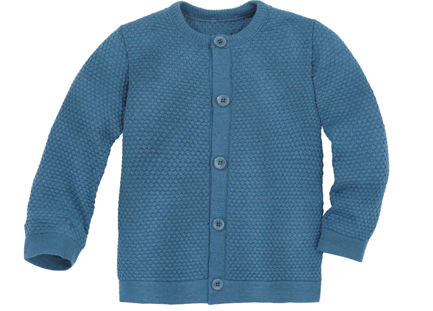 disana Wabenstrick-Jacke 62/68 – 134/140, Taubenblau. Strick: Bio-Merinowolle, Arm- und Leibbündchen, Knopfleiste mittig