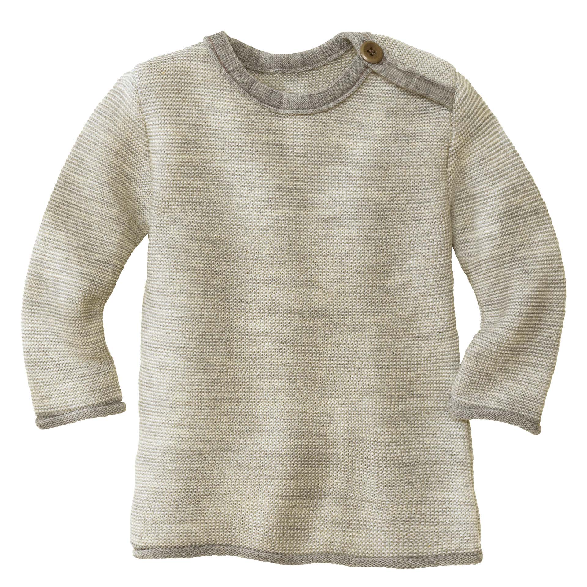 disana Melange-Pullover, Grau-Natur, Strick: Bio-Merinowolle mit Knopfverschluss am Kragen & Rollbündchen an Armen & Leib