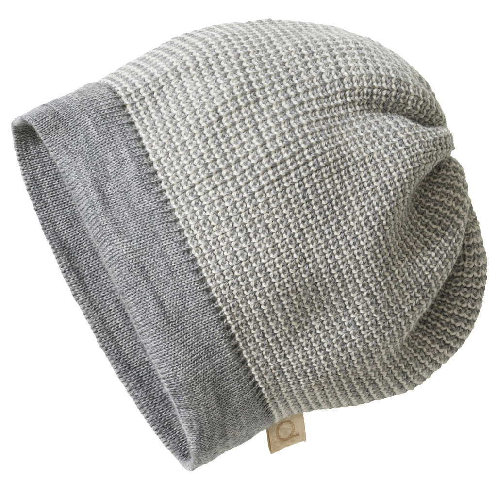 disana Beanie Grau-Natur aus Bio-Merinowolle, Strick Perlfangmaschen, grau abgesetzter Rand - besonders elastisch & warm