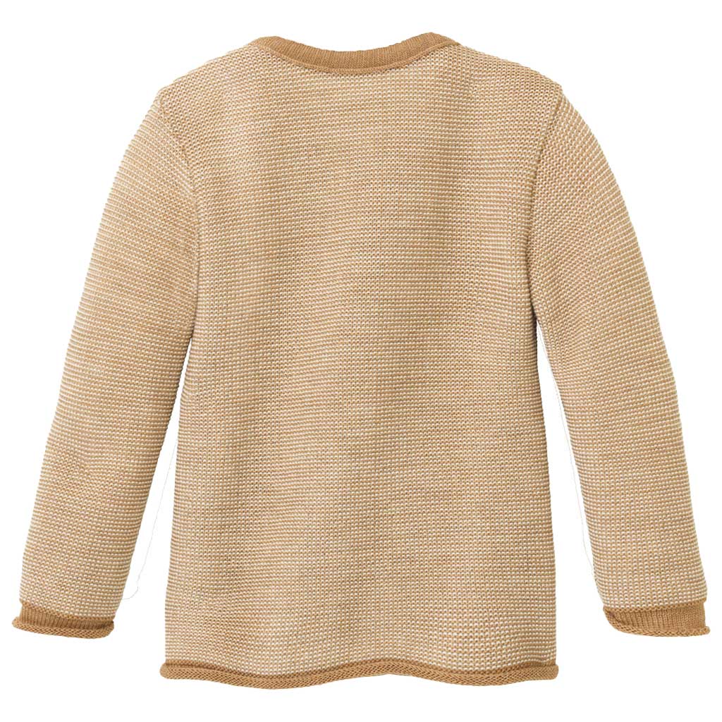 Rückseite der disana Melange-Jacke in Karamell-Natur aus 100% Bio-Merinowolle, Rollbündchen an Ärmeln und Leib