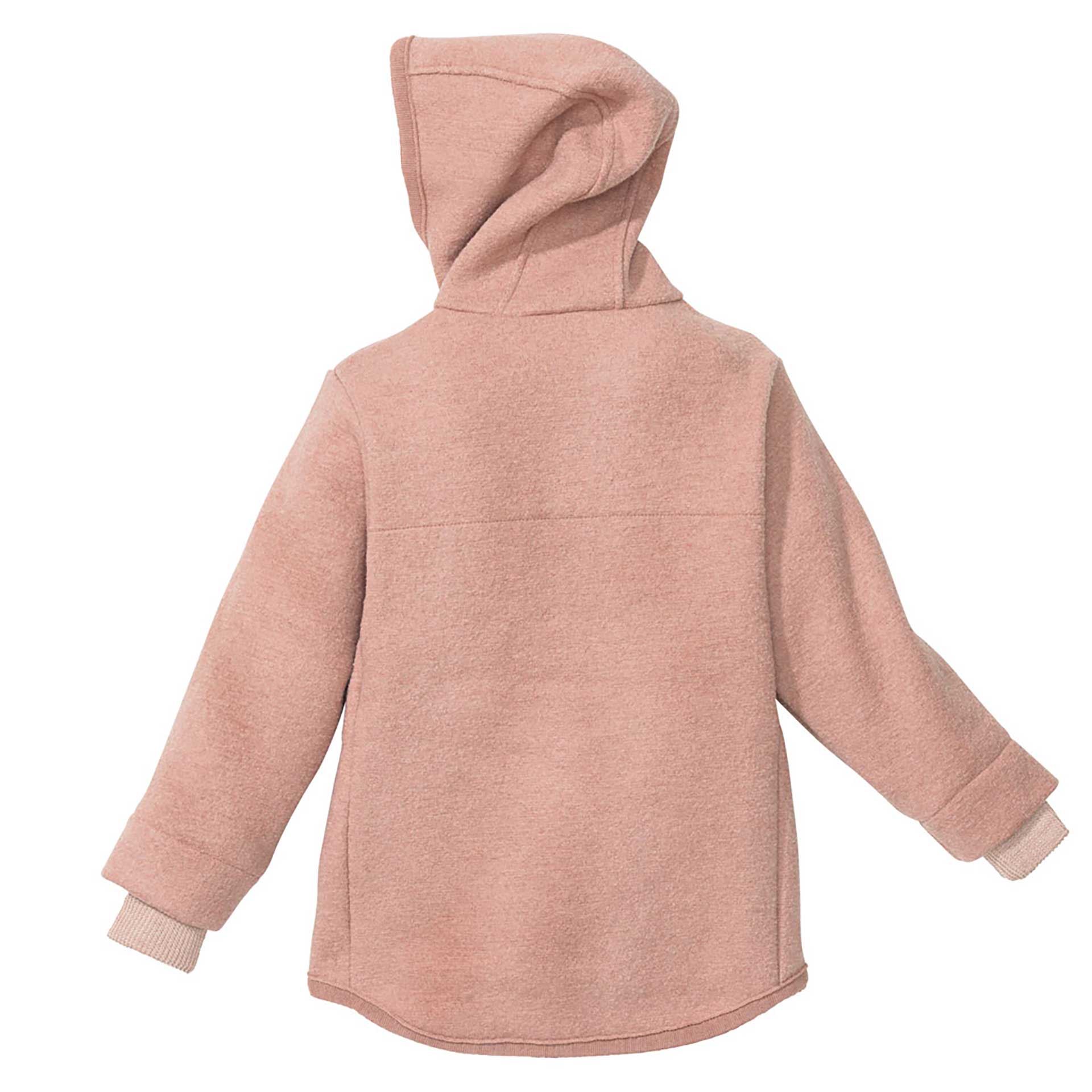 Rückseite der disana Walk-Jacke in Rosé mit Kapuze und melierten Strick-Bündchen in Rosé-Natur an den Armen