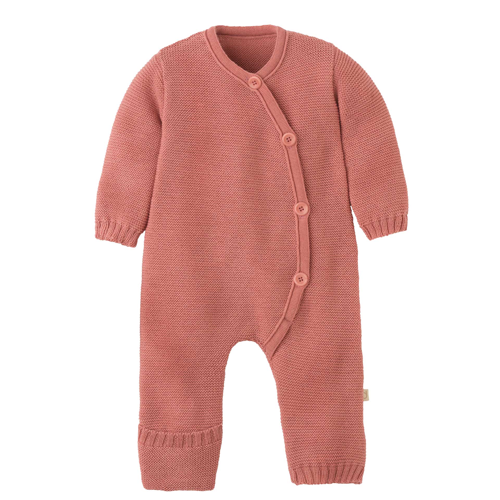 disana Strick-Overall aus Bio-Merinowolle in Softpink. In Bogen verlaufender Knopfleiste, ideal für empfindliche Babyhaut.