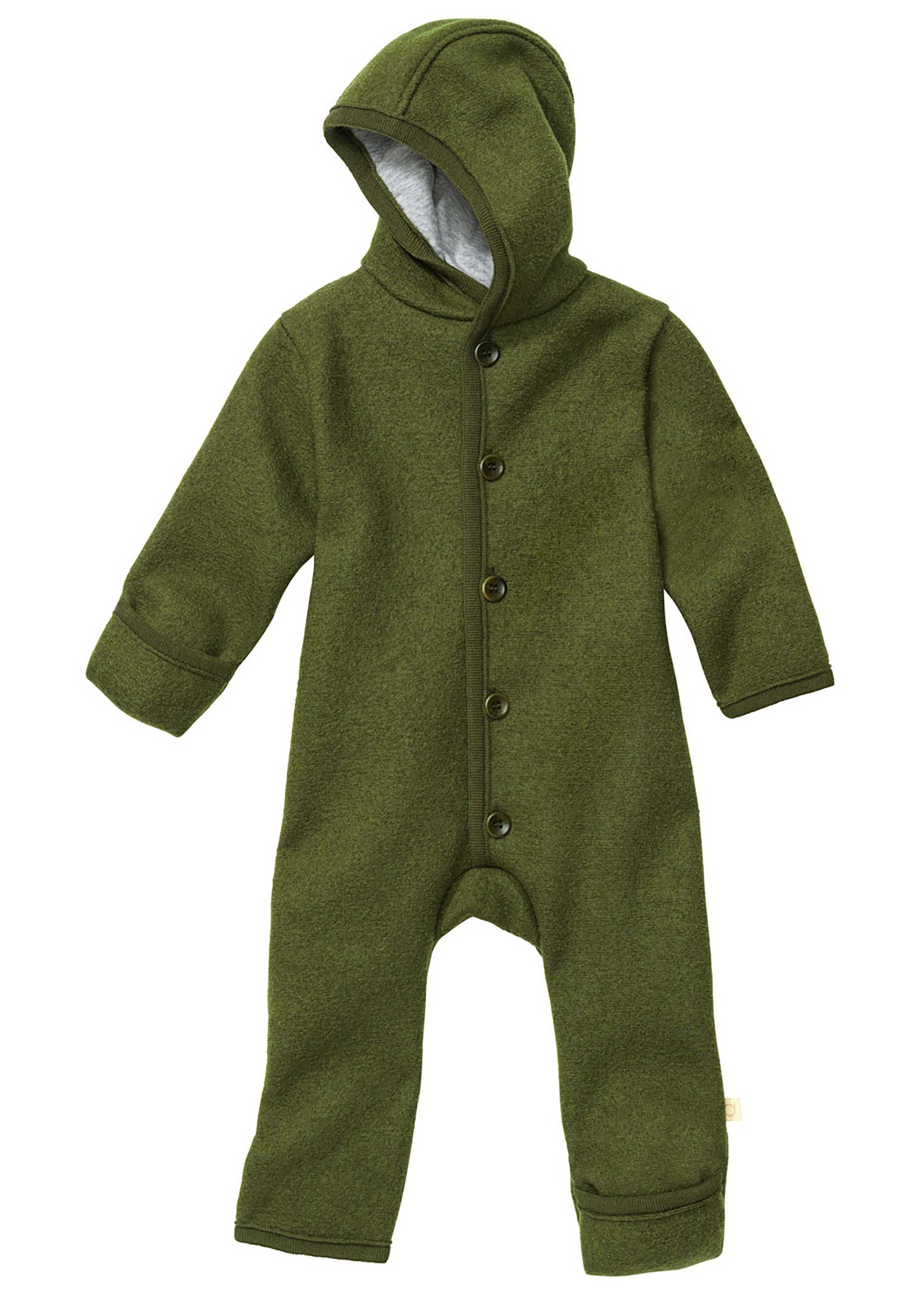 disana Walk-Overall, Oliv, Bio-Merinowolle, mit Knopfleiste, Kapuze & Umschlabündchen an Armen & Beinen, warm, weich & bequem