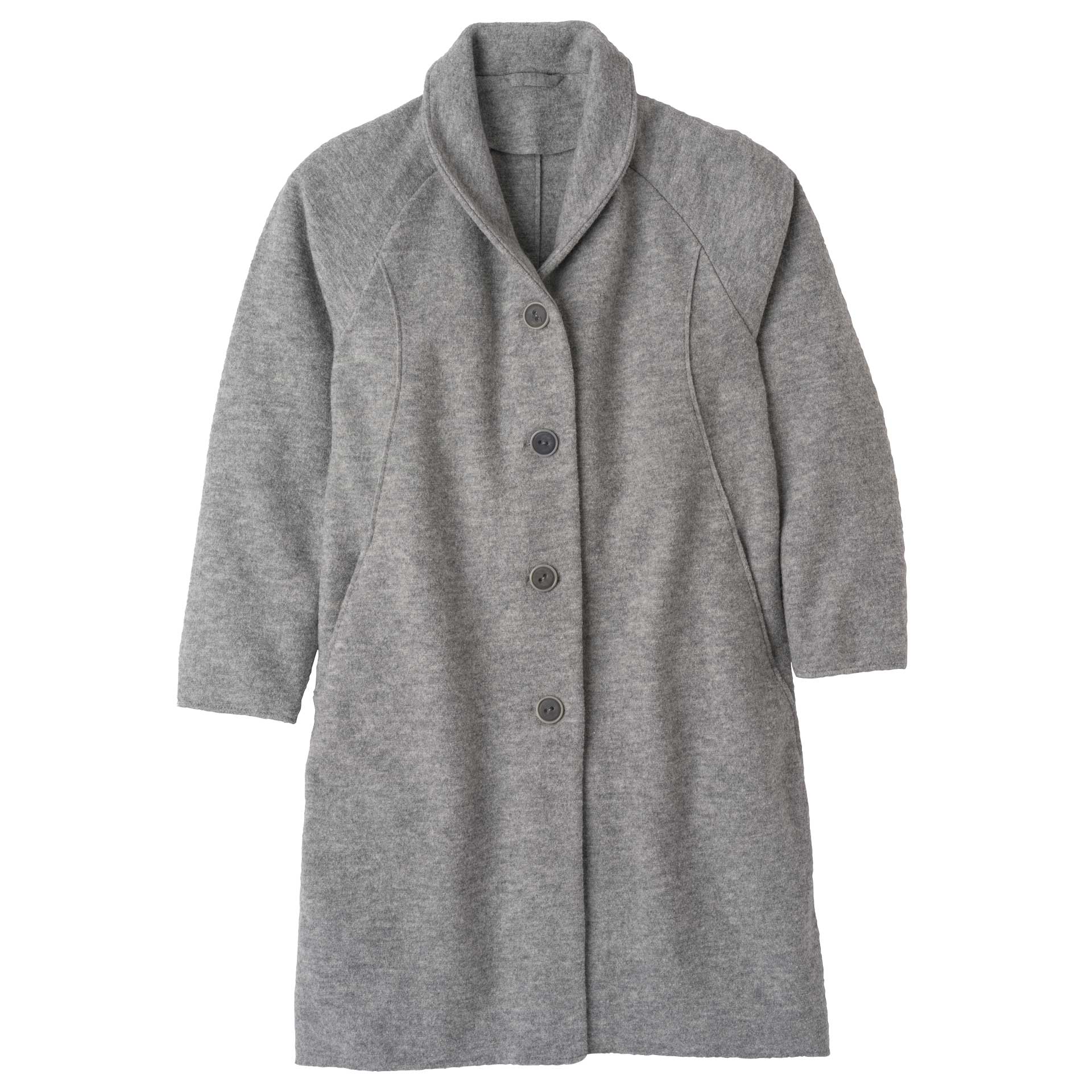 disana Damen-Mantel, Grau, Wollwalk aus Bio-Merinowolle. Elegante Linienführung, schöne große Steinnussknöpfen & Schalkragen