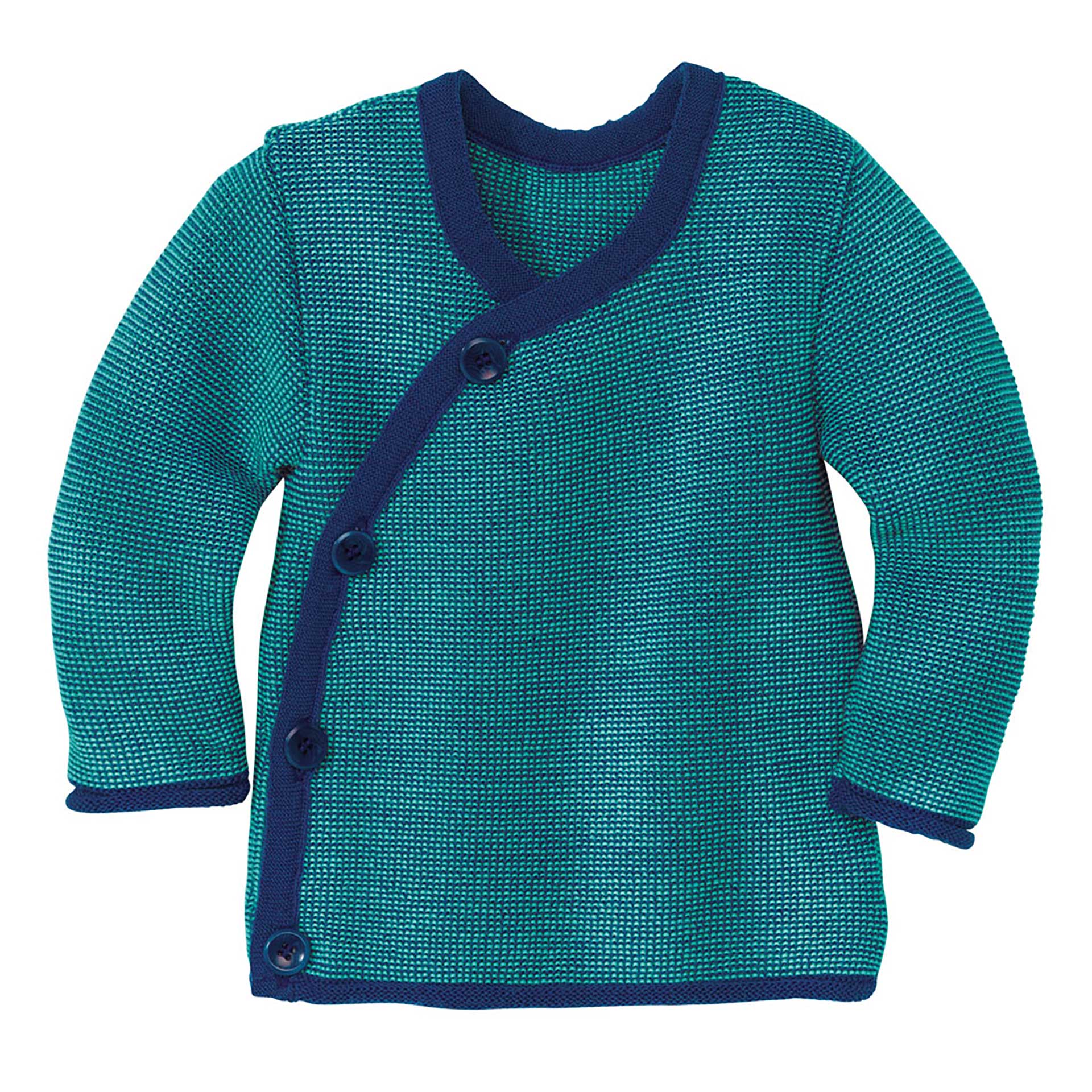 disana Melange-Jacke Gr. 50/56-98/104 Marine-Lagoon Linksstrick aus Bio-Merinowolle mit Wickelverschluss auf der Vorderseite.
