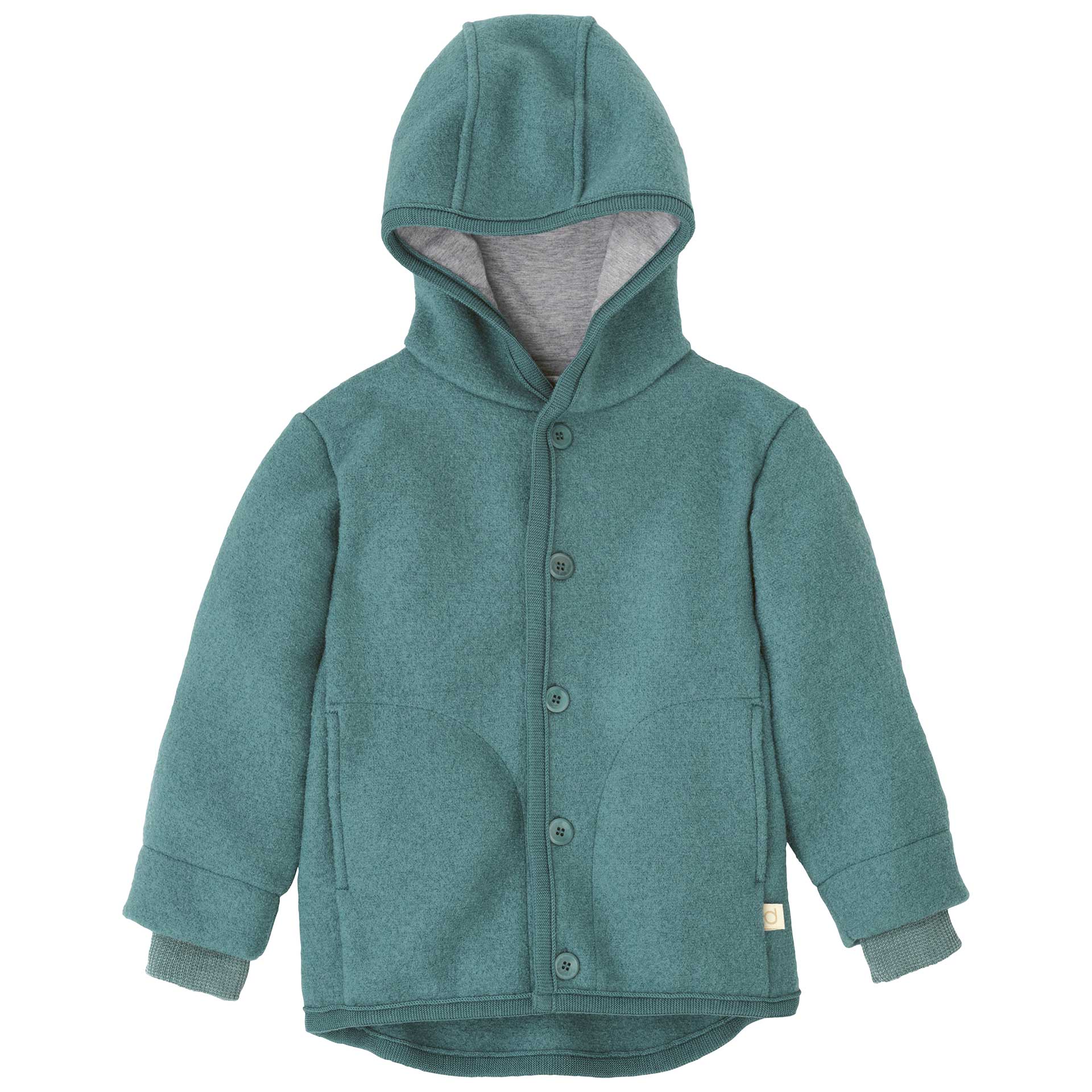 disana Walk-Jacke Eukalyptus, Wollwalk & Futter: Bio-Merinowolle mit Kapuze, 2 Taschen, Steinnussknöpfen & Strick-Armbündchen