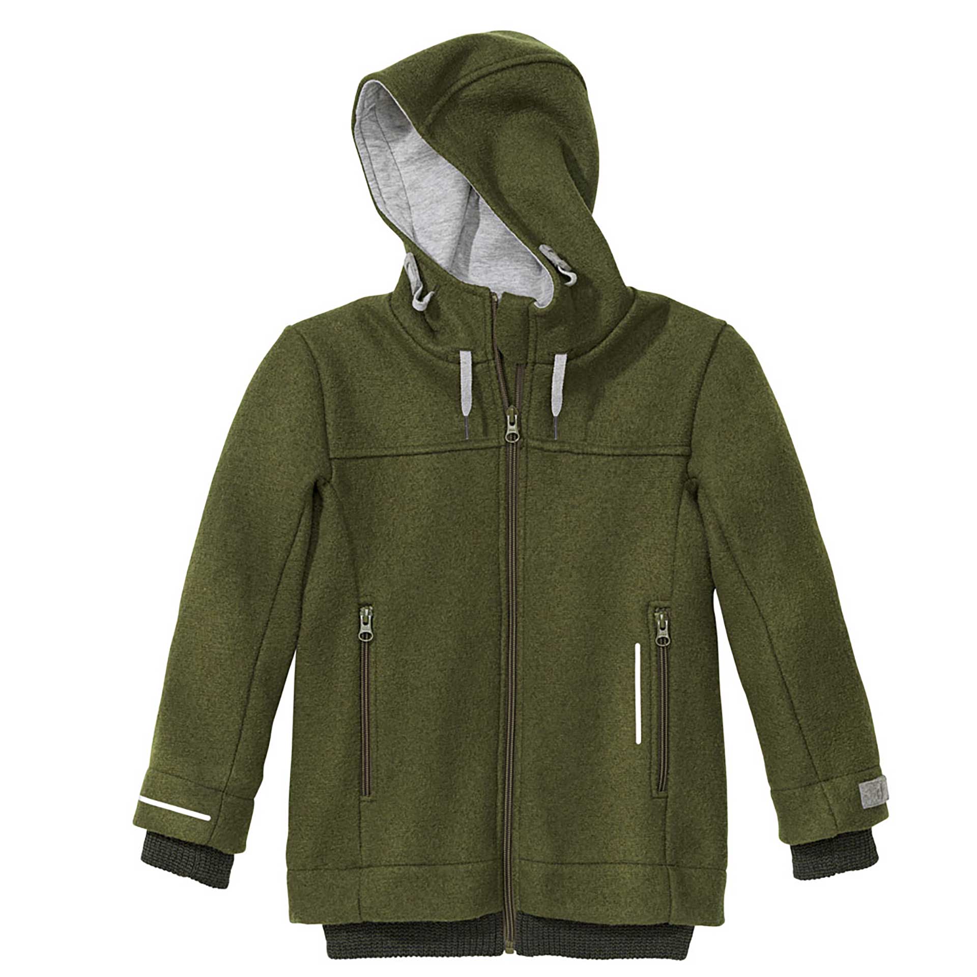 disana Outdoor-Jacke aus Bio-Merinowolle Oliv mit Kapuze, Reißverschluss für Herbst und Winter, mit Baumwolle gefüttert