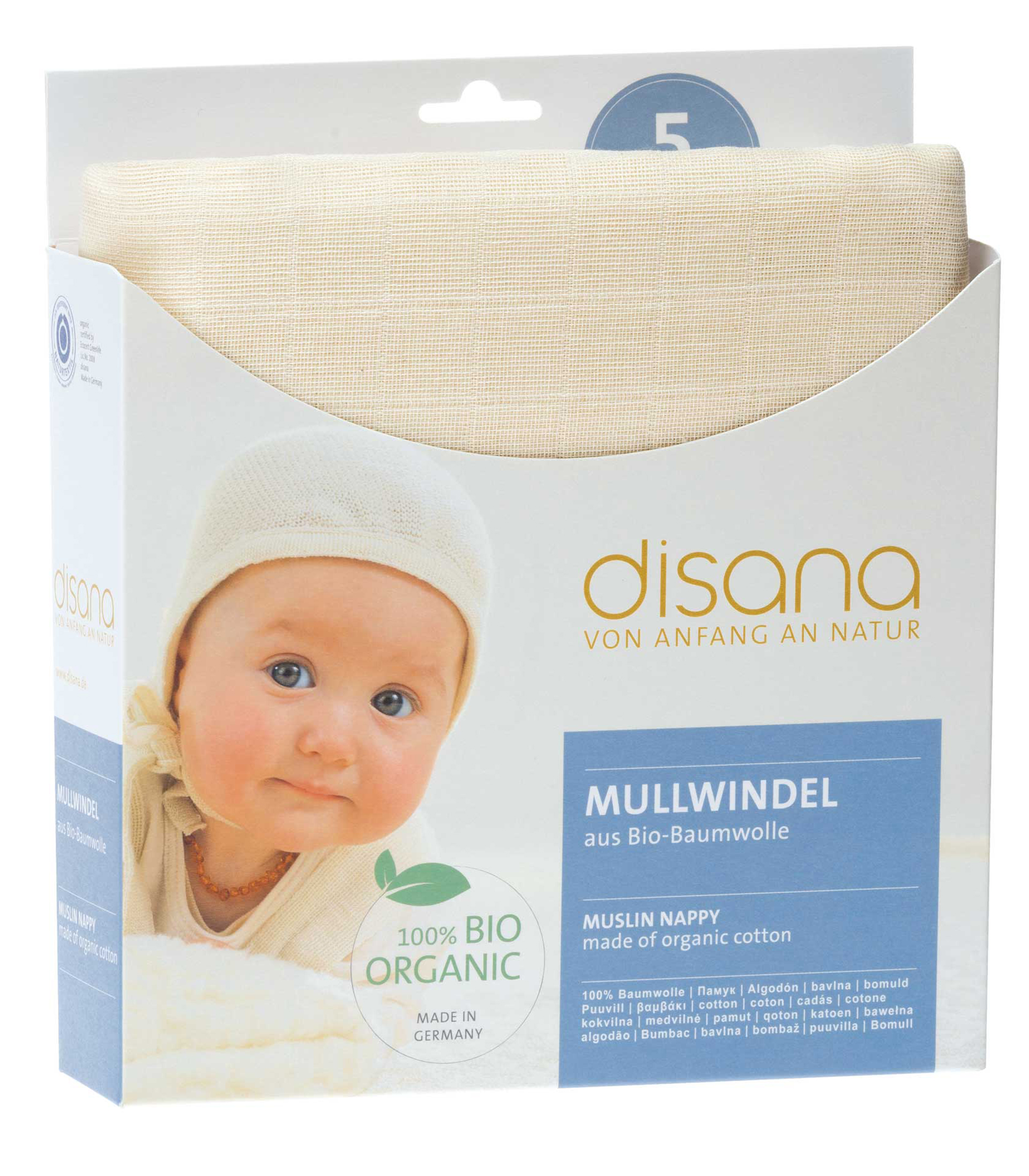 Im Karton verpackte disana Mullwindel aus naturfarbener Bio-Baumwolle, ideal als saugfähige Einlage, 80 x 80 cm, im 5er Pack