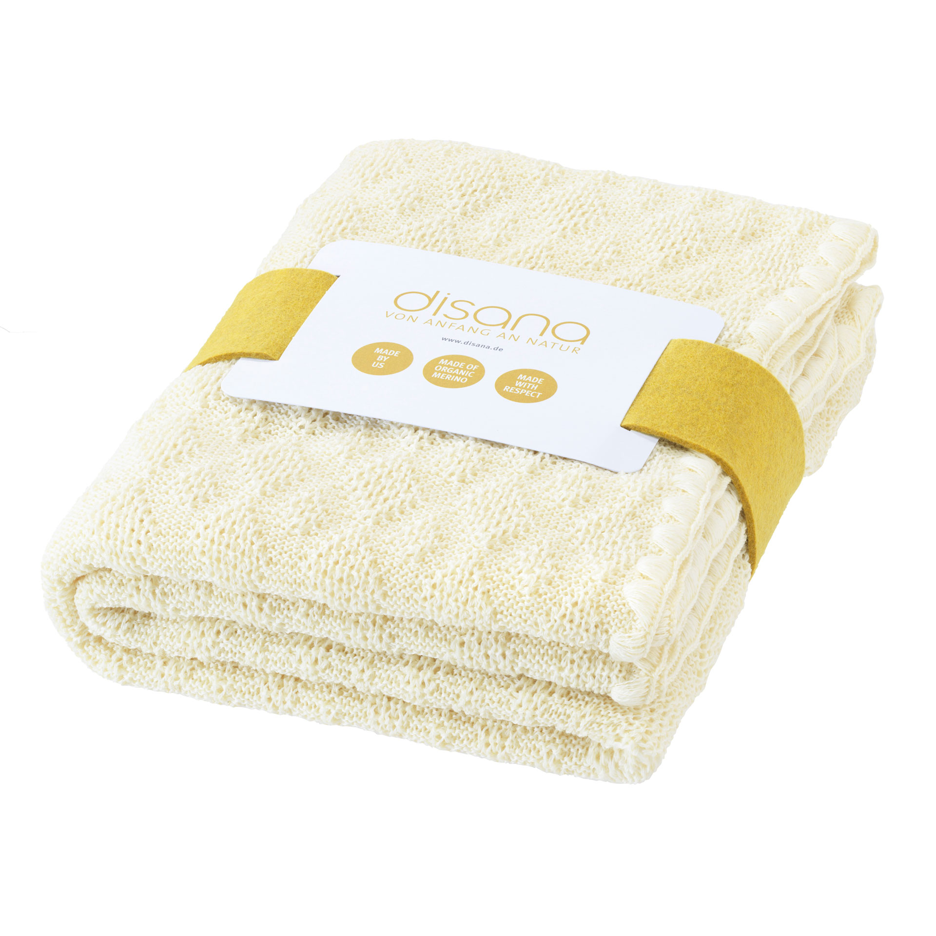 Mit Filz-Banderole, in Gold verpackte disana Woll-Babydecke, Natur, aus 100% Bio-Merinowolle, im Ajour-Muster gestrickt