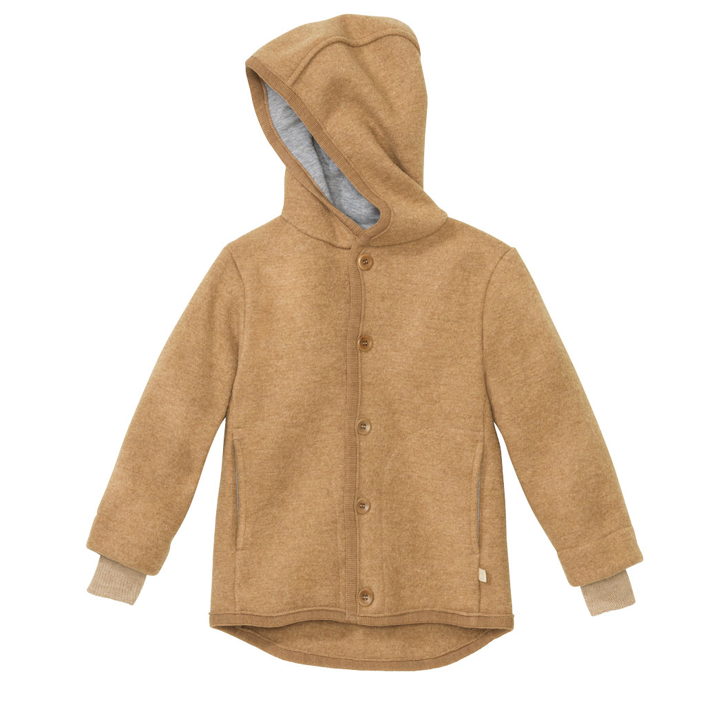 disana Walk-Jacke, Karamell, Wollwalk & Futter: Bio-Merinowolle mit Kapuze, 2 Taschen, Steinnussknöpfen & Strick-Armbündchen