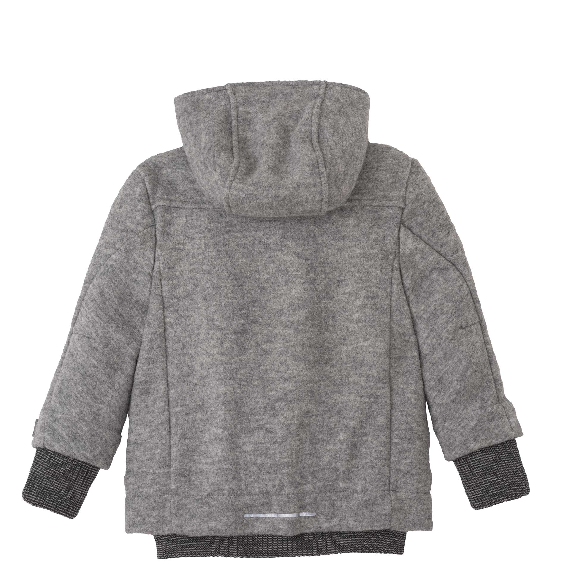 Rückseite der disana Outdoor-Jacke aus Bio-Merinowolle Grau mit Kapuze & Reflektor. Melierte Strickbündchen an Armen & Leib