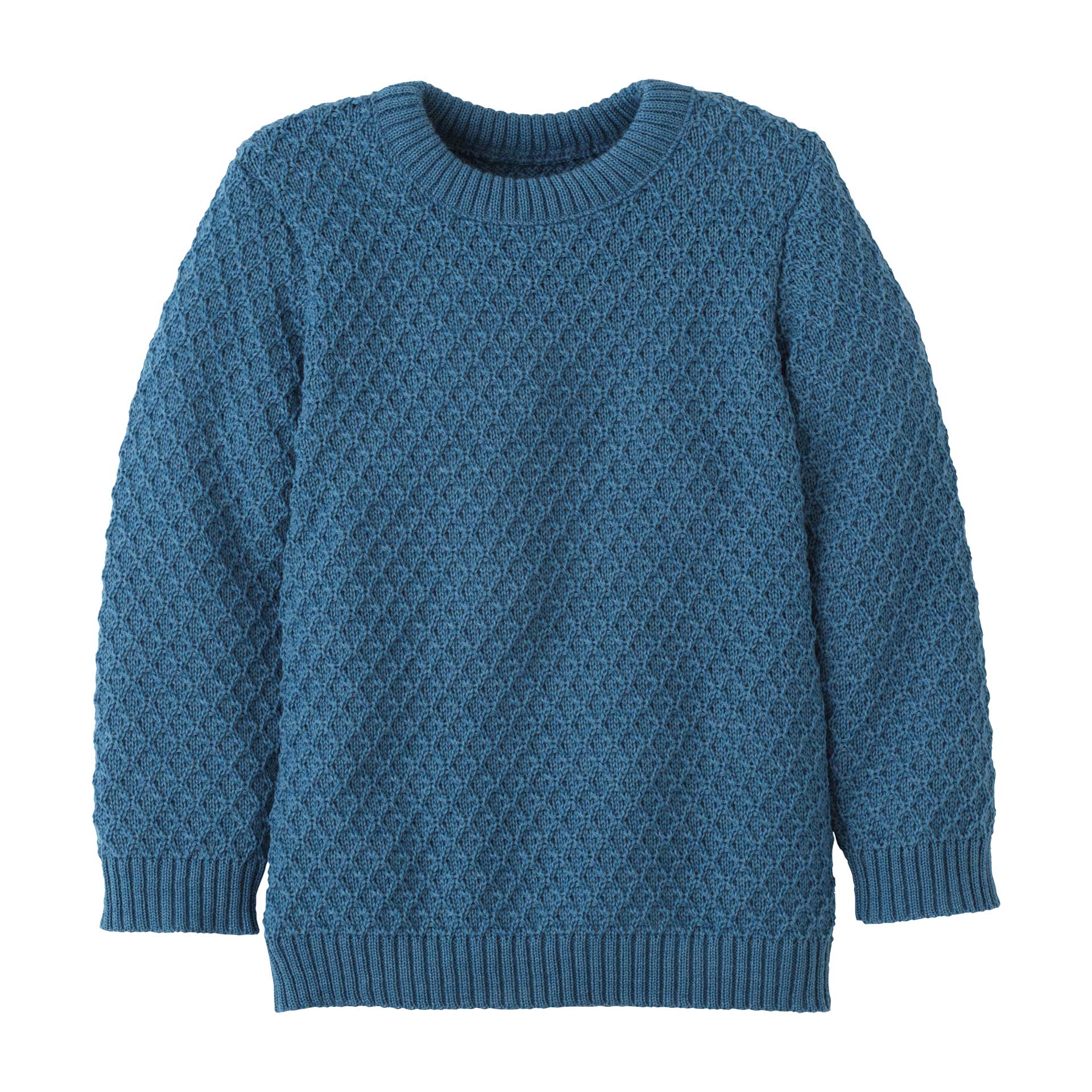 Wunderschöner disana Aran-Pullover Taubenblau Bio-Merinowolle, kuschelig warmer Allwetter-Pulli Rippbündchen an Ärmeln & Leib