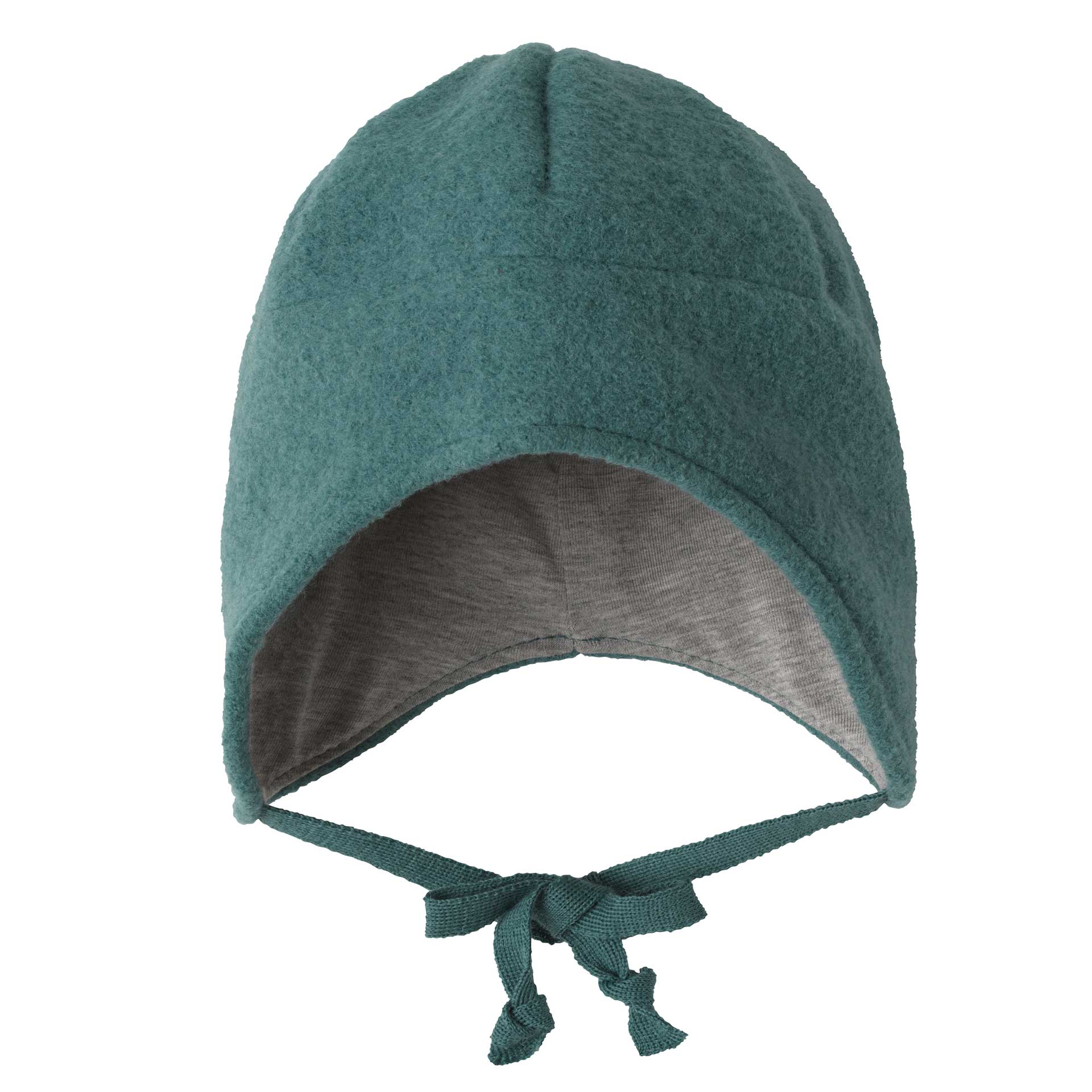 disana Walk-Mütze Eukalyptus, Wollwalk & Jerseyfutter Bio-Merinowolle mit gestrickten Bindenbändern damit nichts verrutscht