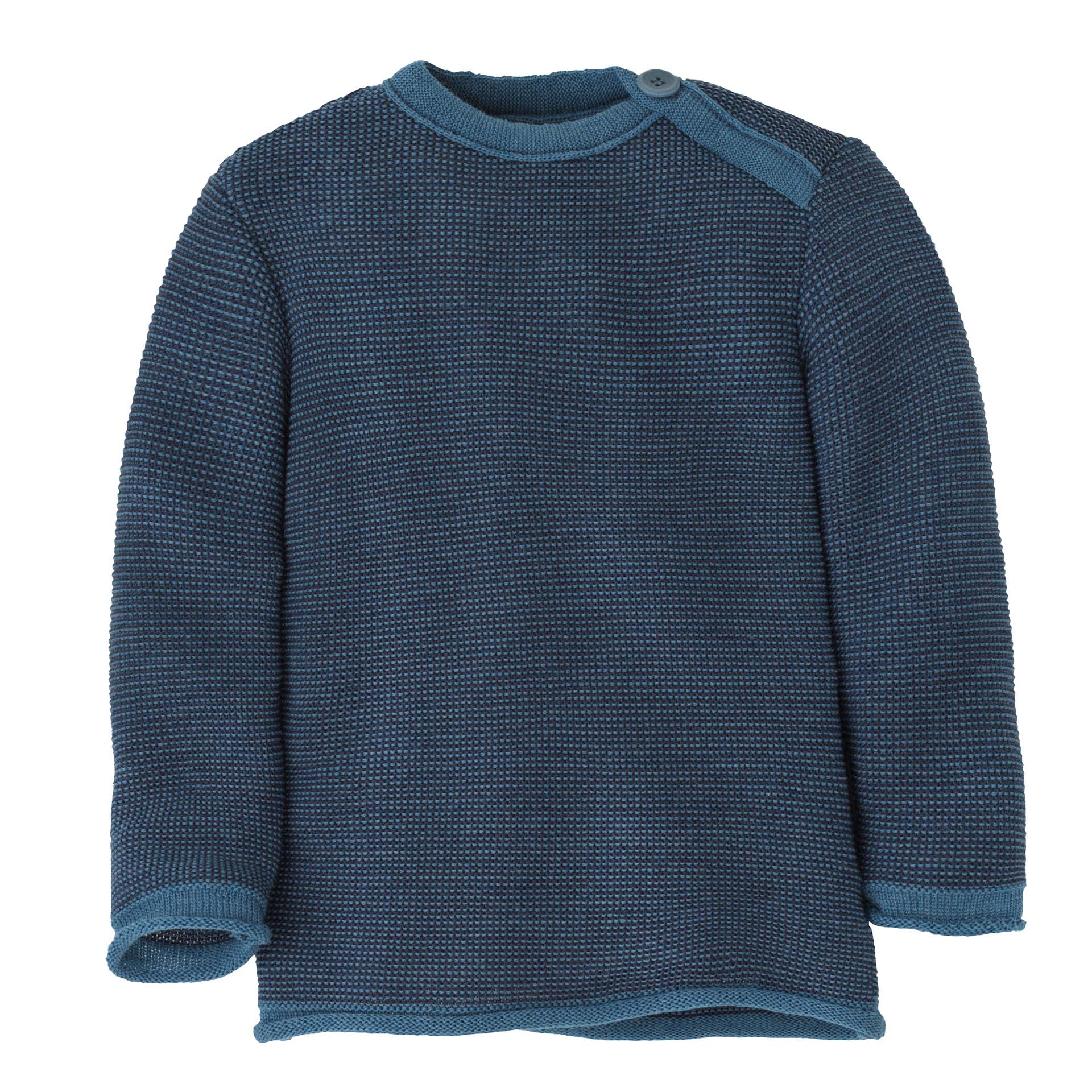 disana Melangepullover Taubenblau-Indigo, Strick Bio-Merinowolle mit Knopfverschluss am Kragen & Rollbündchen an Armen & Leib