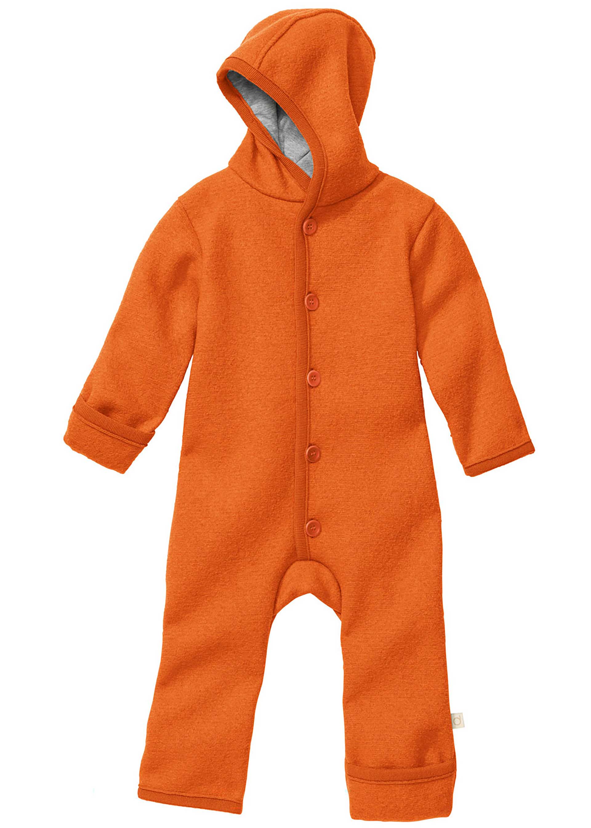 disana Walk-Overall, Orange Bio-Merinowolle mit Knopfleiste, Kapuze & Umschlabündchen an Armen & Beinen, warm, weich & bequem