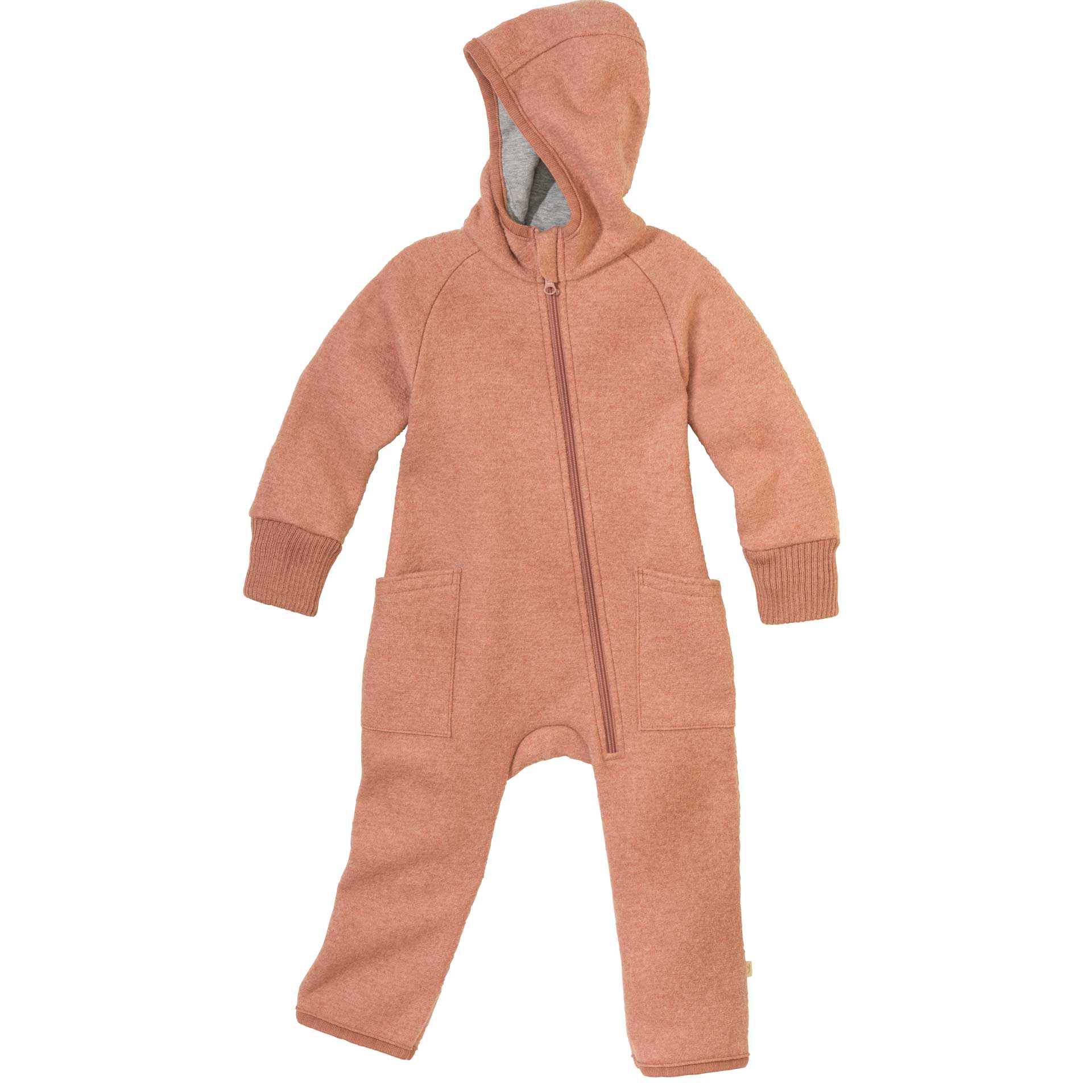 disana Zipp-Overall 98/104-110/116, Rosé. Wollwalk: Bio-Merinowolle, Kapuze, Armbündchen, 2 Seitentaschen - Vorderseite
