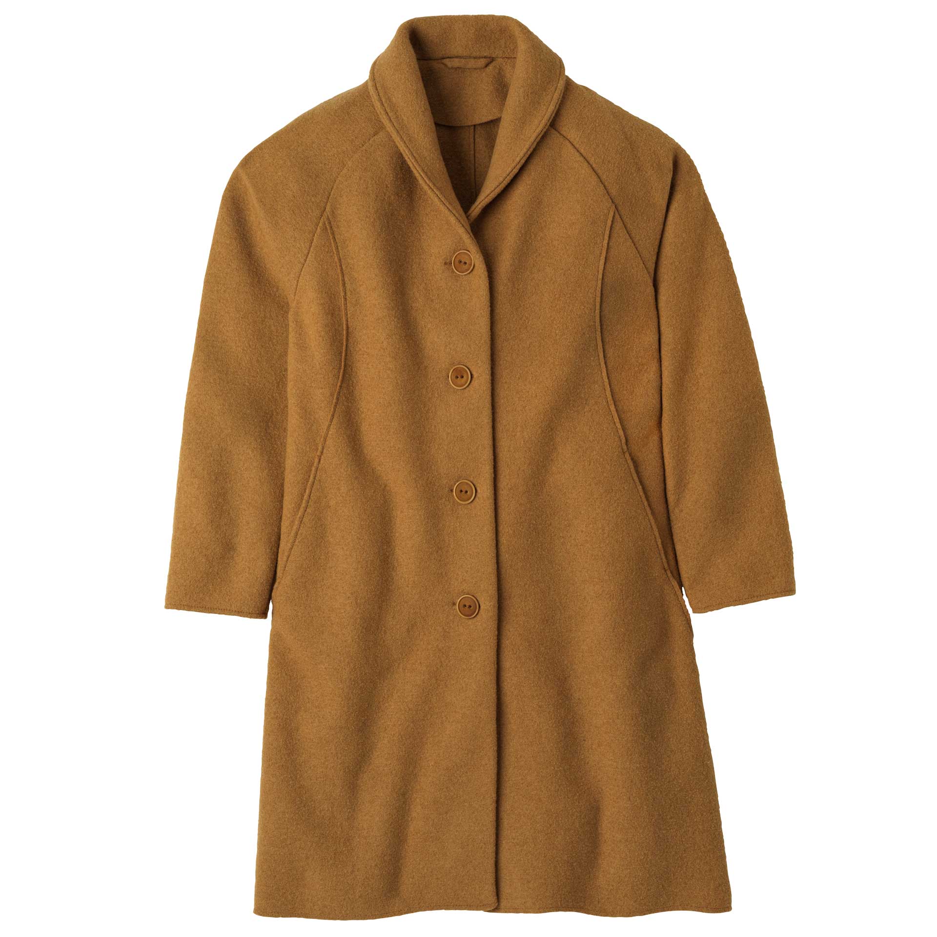 disana Damen-Mantel Toffee, Wollwalk aus Bio-Merinowolle. Elegante Linienführung, schöne große Steinnussknöpfen & Schalkragen