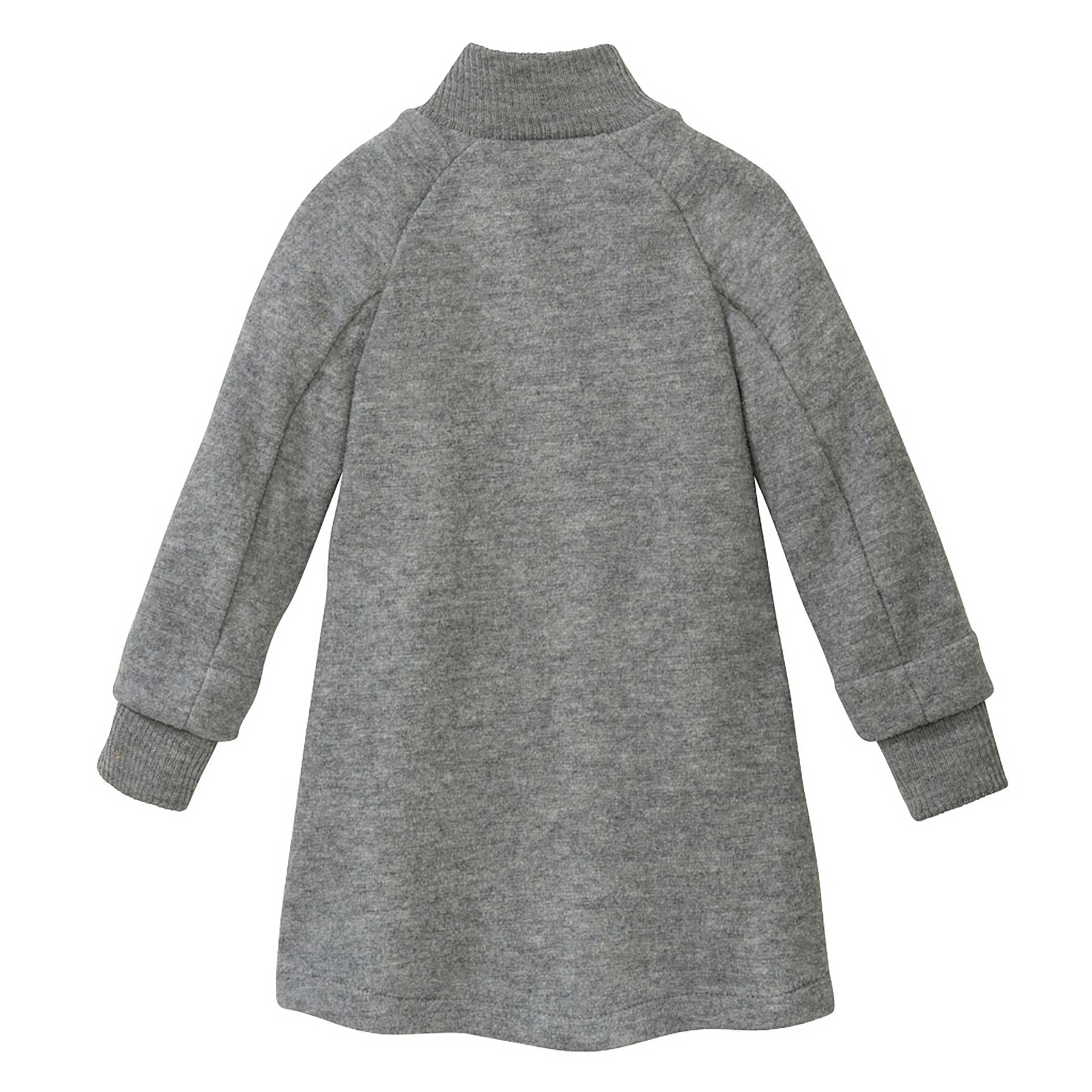 Rückseite des disana Walk-Mantels mit gestrickten Armbündchen und Strickkragen, 100% Bio-Merinowolle