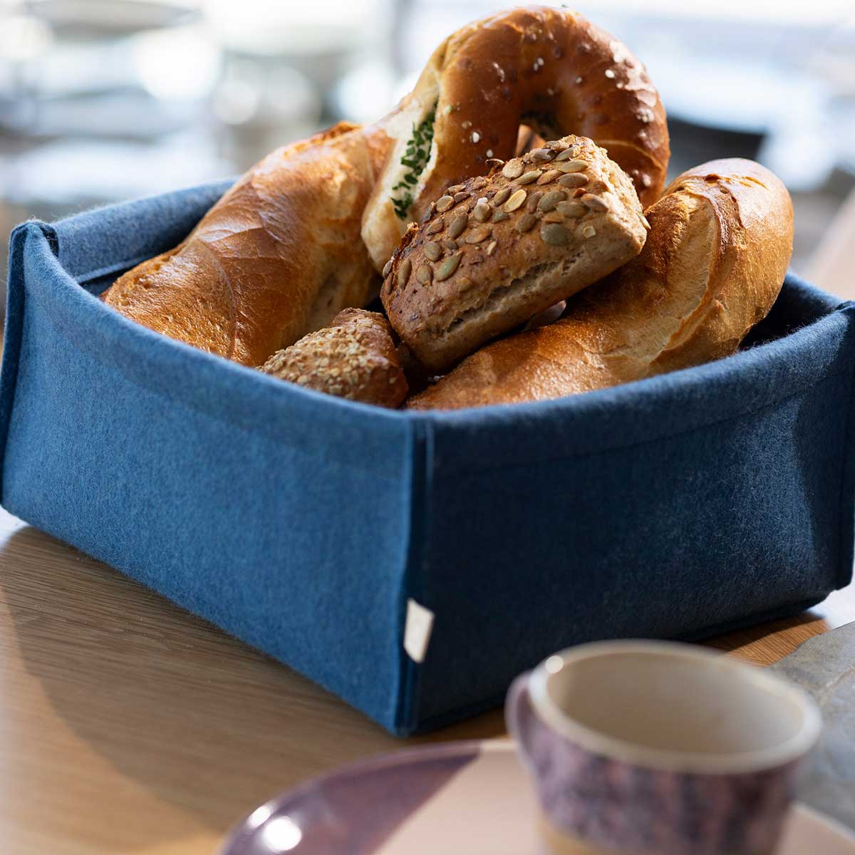 Blue felt box used as a bread basket