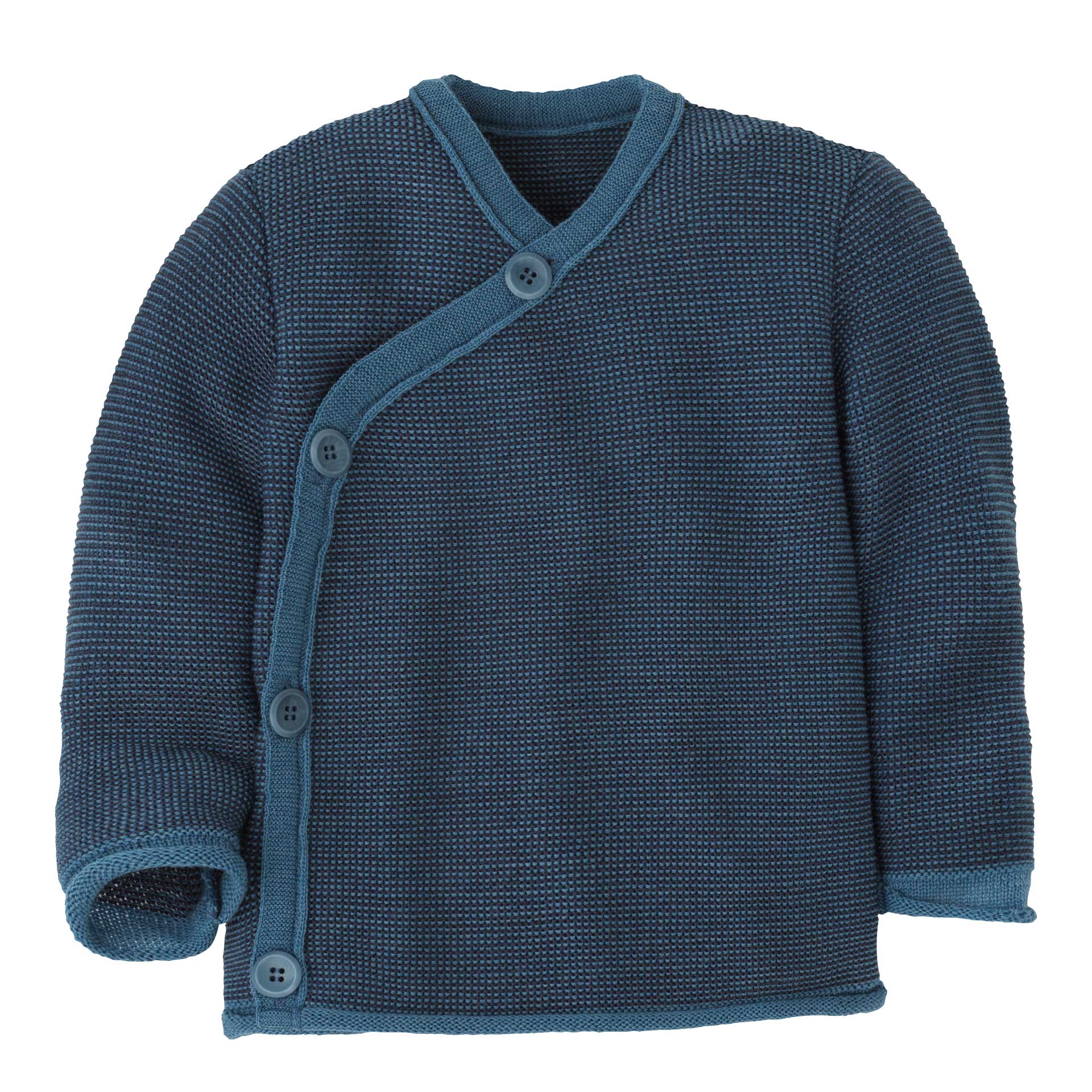 disana Melange-Jacke Taubenblau-Indigo, Bio-Merinowolle, mit schräg verlaufender Knopfleiste, Rollbündchen an Ärmeln und Leib