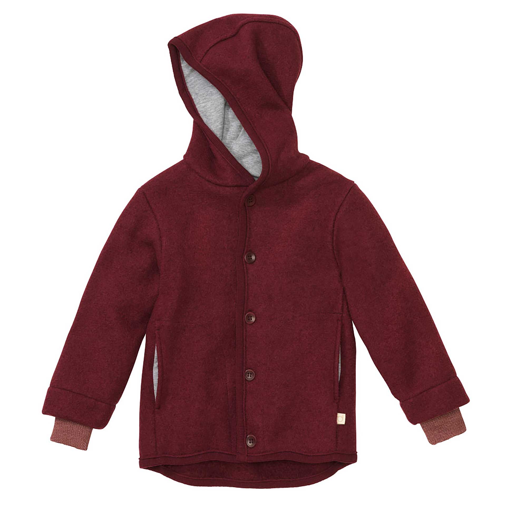 disana Walk-Jacke Cassis, Wollwalk Bio-Merinowolle, Kapuze mit Baumwolle gefüttert Knopfleiste mit großen Knöpfen Armbündchen