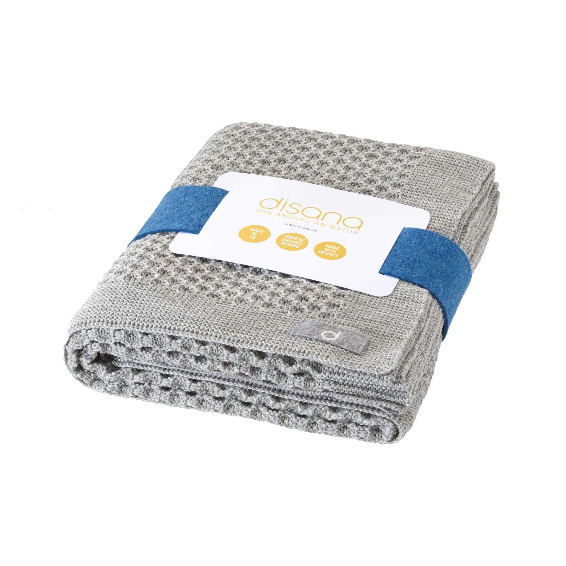disana Waben-Strickdecke in Grau aus 100% Bio-Merinowolle, Wabenstrickmuster & modernem Strickrand, mit blauer Filzbanderole