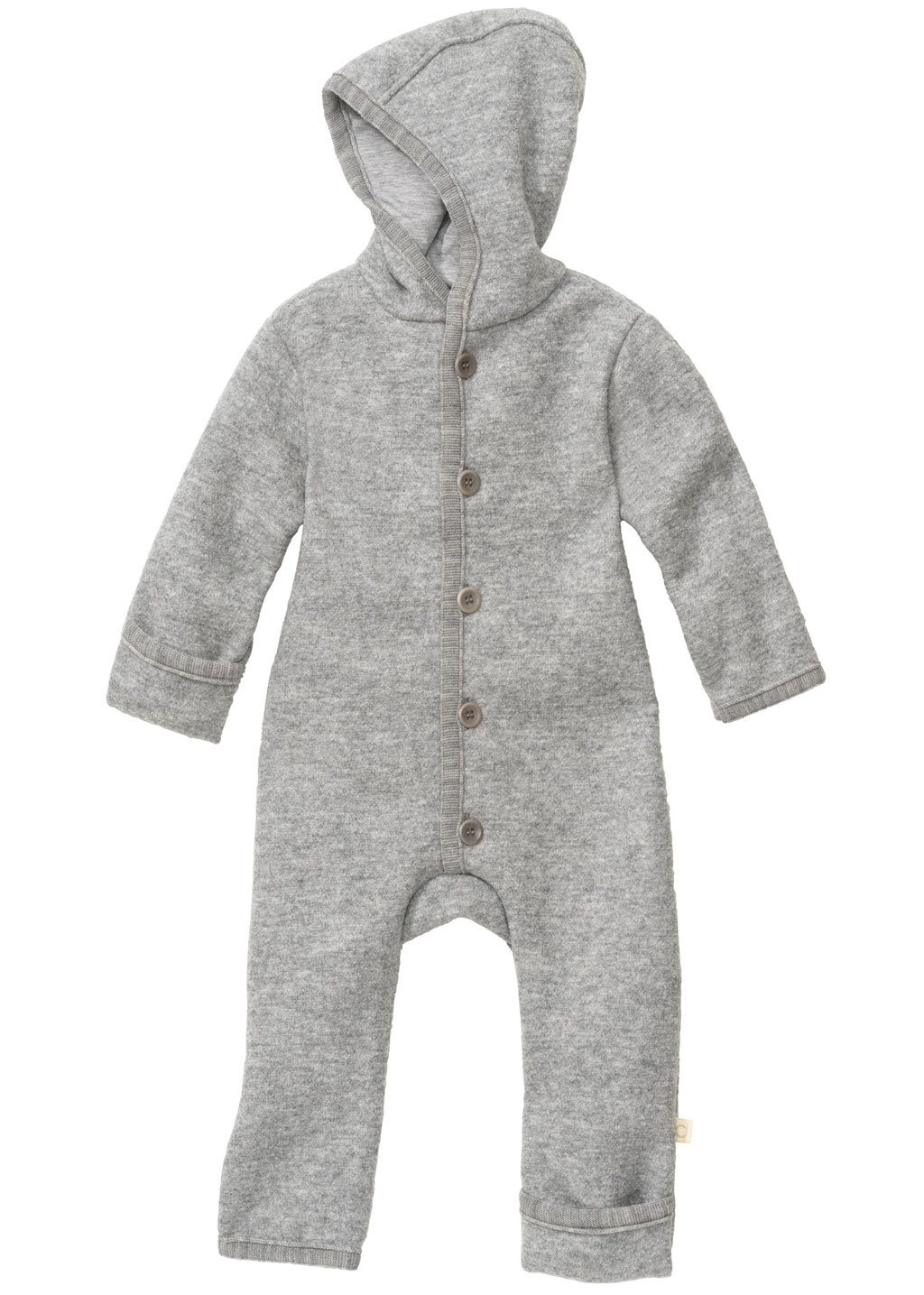 disana Walk-Overall Grau, Wollwalk & Futter aus Bio-Merinowolle, mit Knopfleiste, Kapuze & Umschlagbündchen an Armen & Beinen