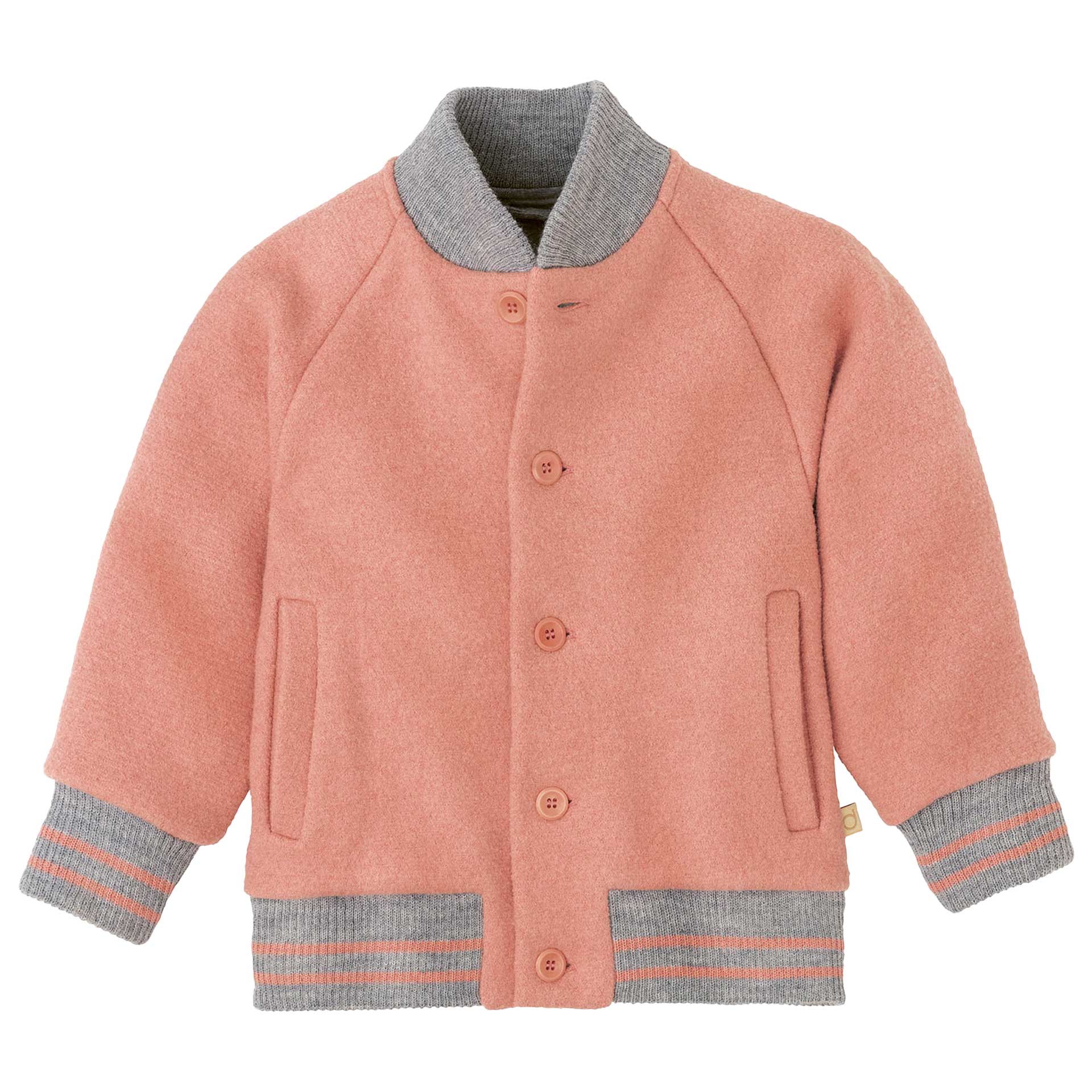 disana College-Jacke Softpink mit Raglanärmeln, Knopfleiste & grauen Strickbündchen. Am Leib gefüttert, 100% Bio-Merinowolle