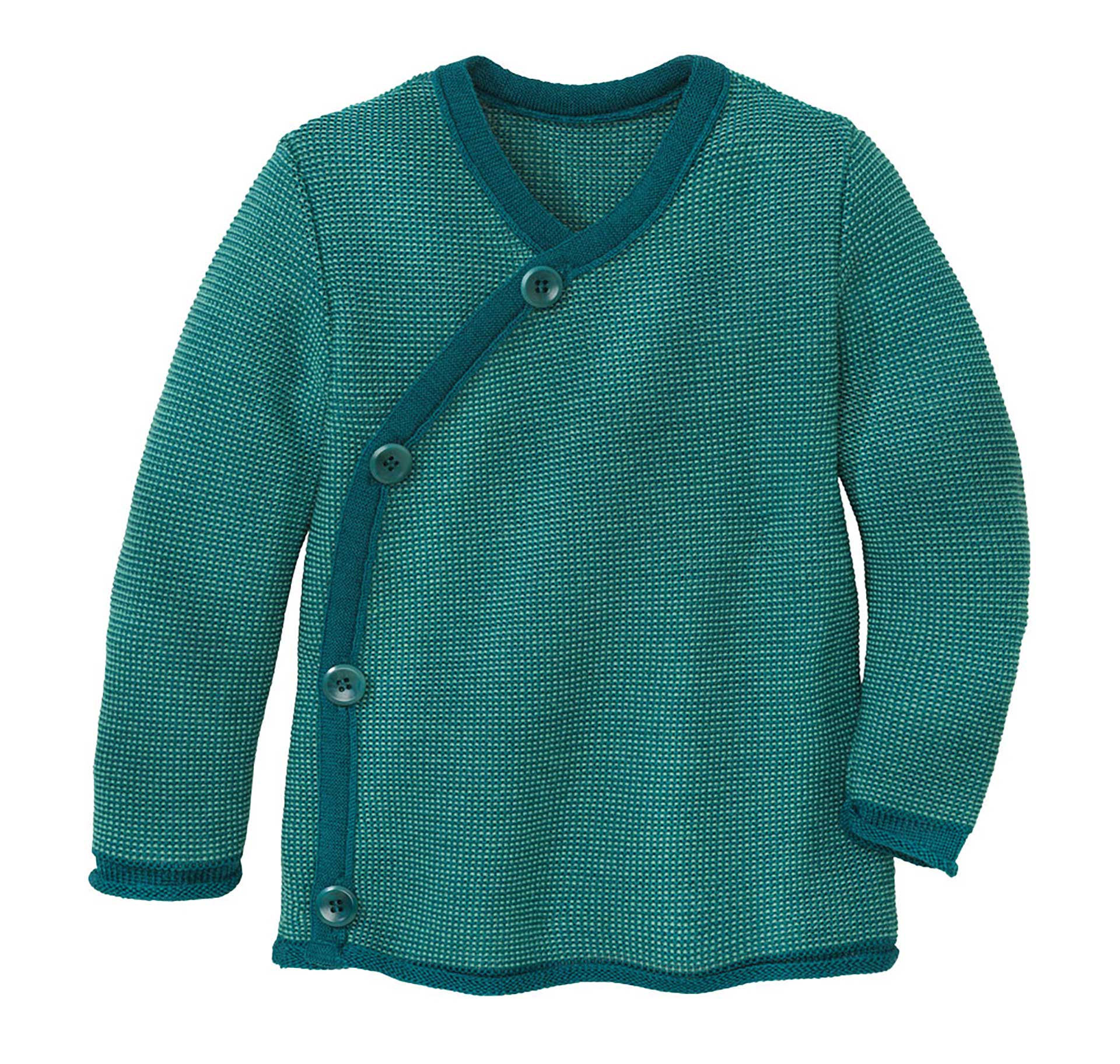 disana Melange-Jacke, Gr. 50/56-98/104, Pacific-Mint, Linksstrick aus Bio-Merinowolle mit Wickelverschluss auf der Vorderseite.
