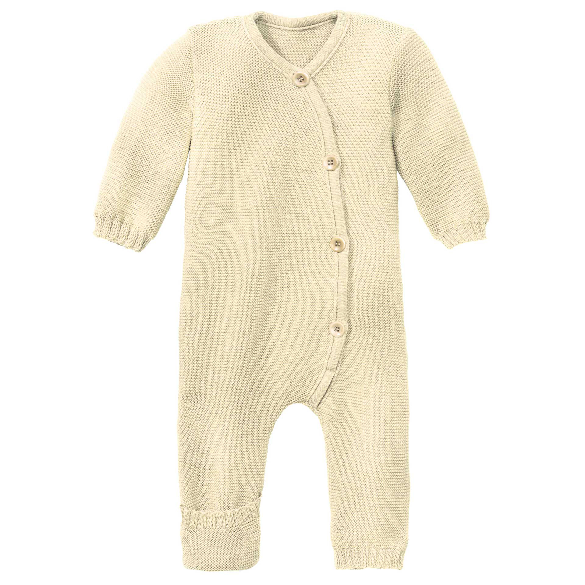 disana Strick-Overall aus Bio-Merinowolle in Natur. In Bogen verlaufender Knopfleiste, ideal für empfindliche Babyhaut