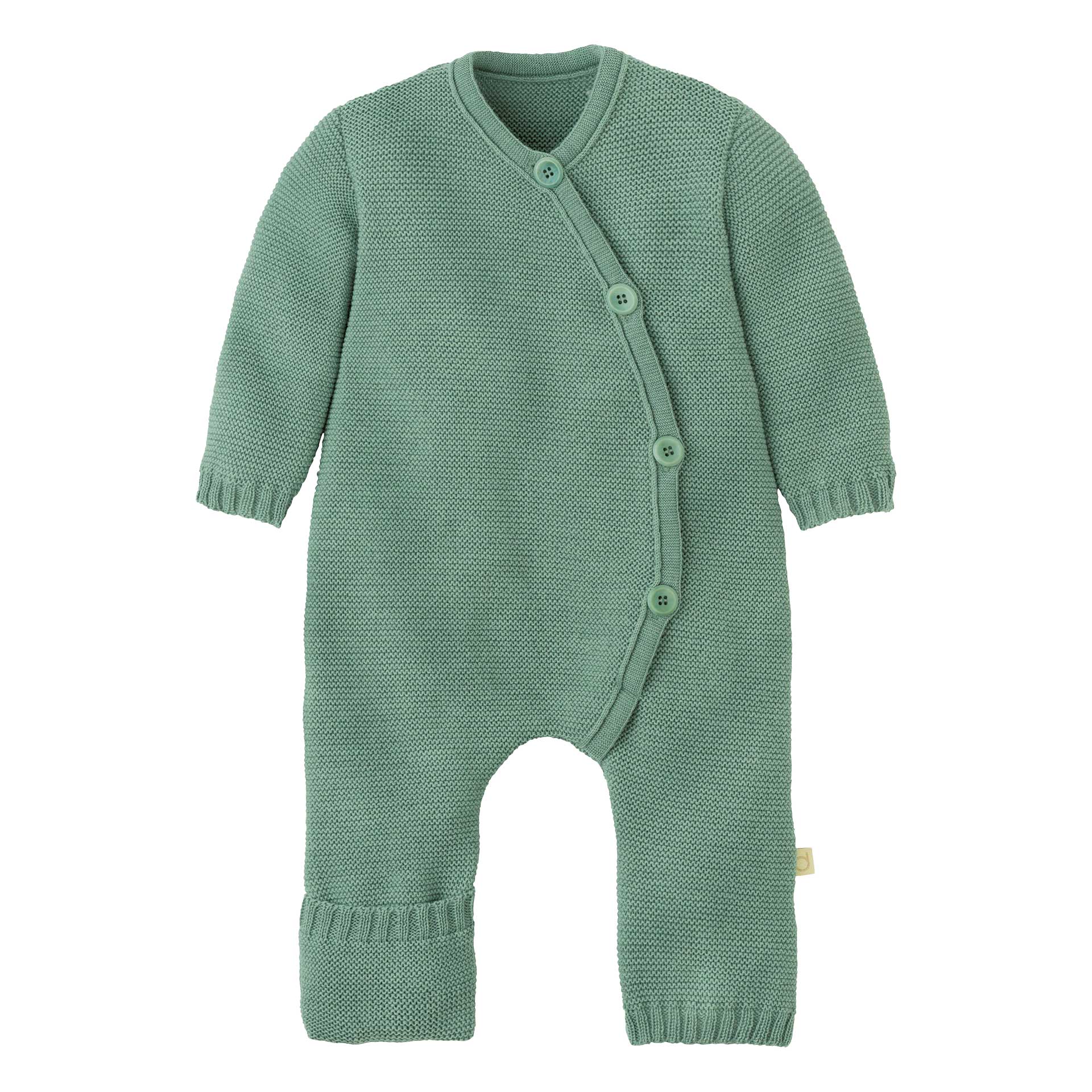 disana Strick-Overall aus Bio-Merinowolle in Jade. In Bogen verlaufender Knopfleiste, ideal für empfindliche Babyhaut.