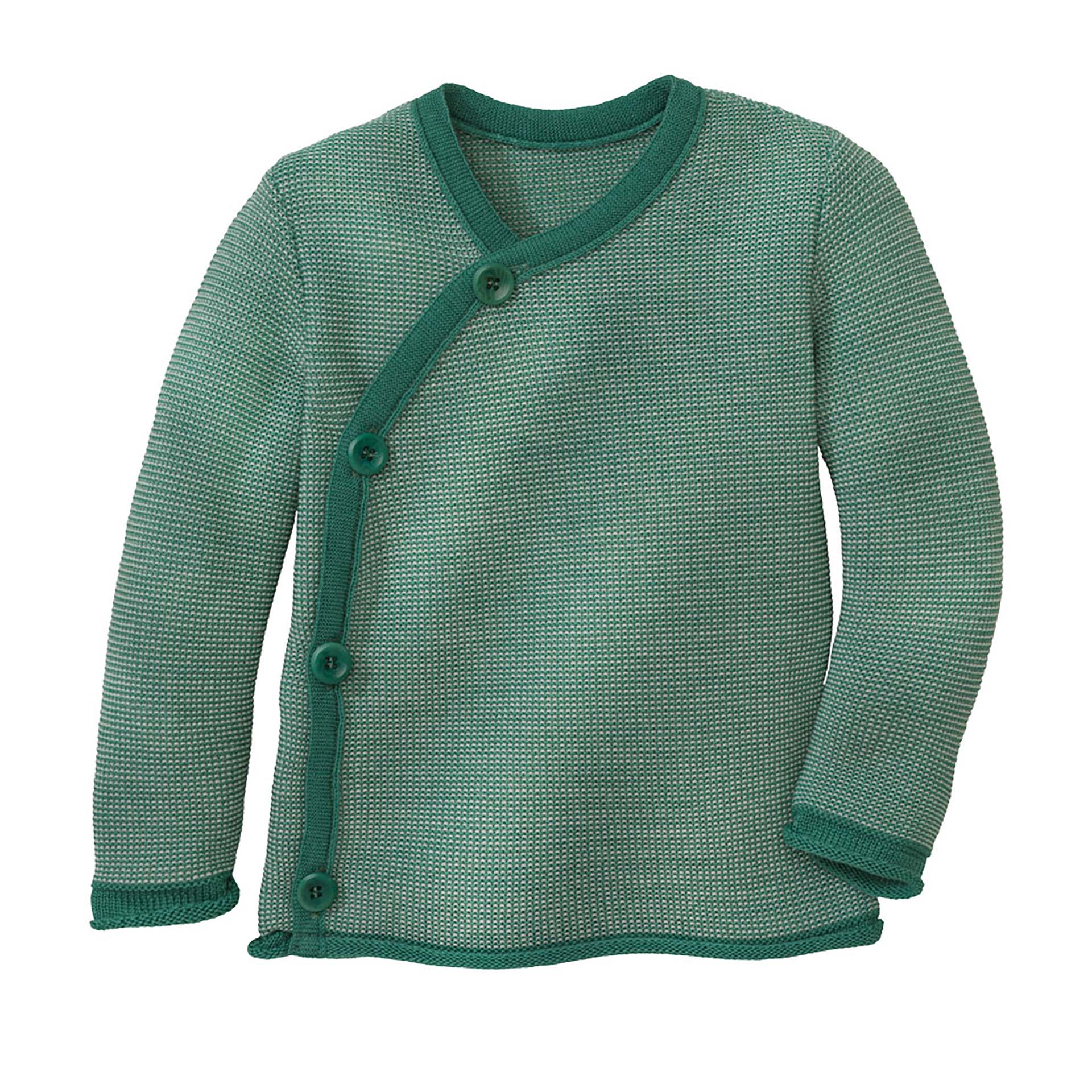 disana Melange-Jacke, Mint-Natur, Bio-Merinowolle, mit schräg verlaufender Knopfleiste, Rollbündchen an Ärmeln und Leib