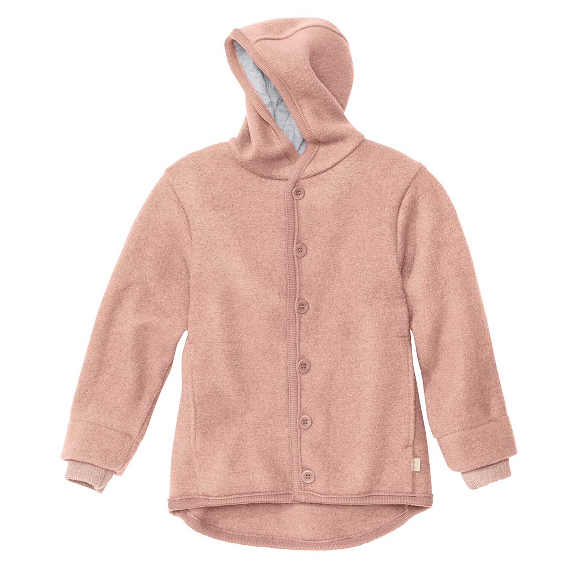 disana Walk-Jacke Rosé, Wollwalk Bio-Merinowolle, Kapuze mit Baumwolle gefüttert, Knopfleiste mit großen Knöpfen, Armbündchen